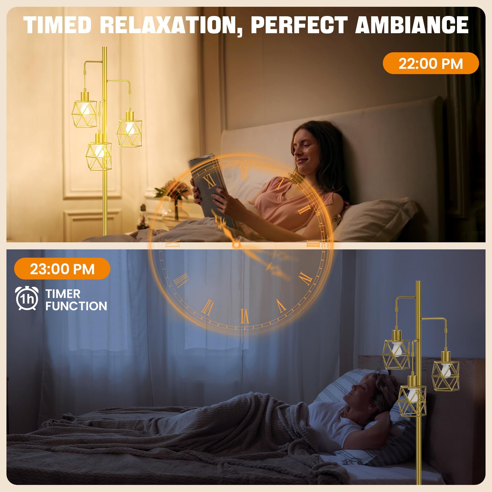 Dimmable Industrial Floor Lamp - 3  9W/800Lm Bulbs Included And 4 Working Modes Led Gold Floor Lamp, Bright Tree Floor Lamps Tal
