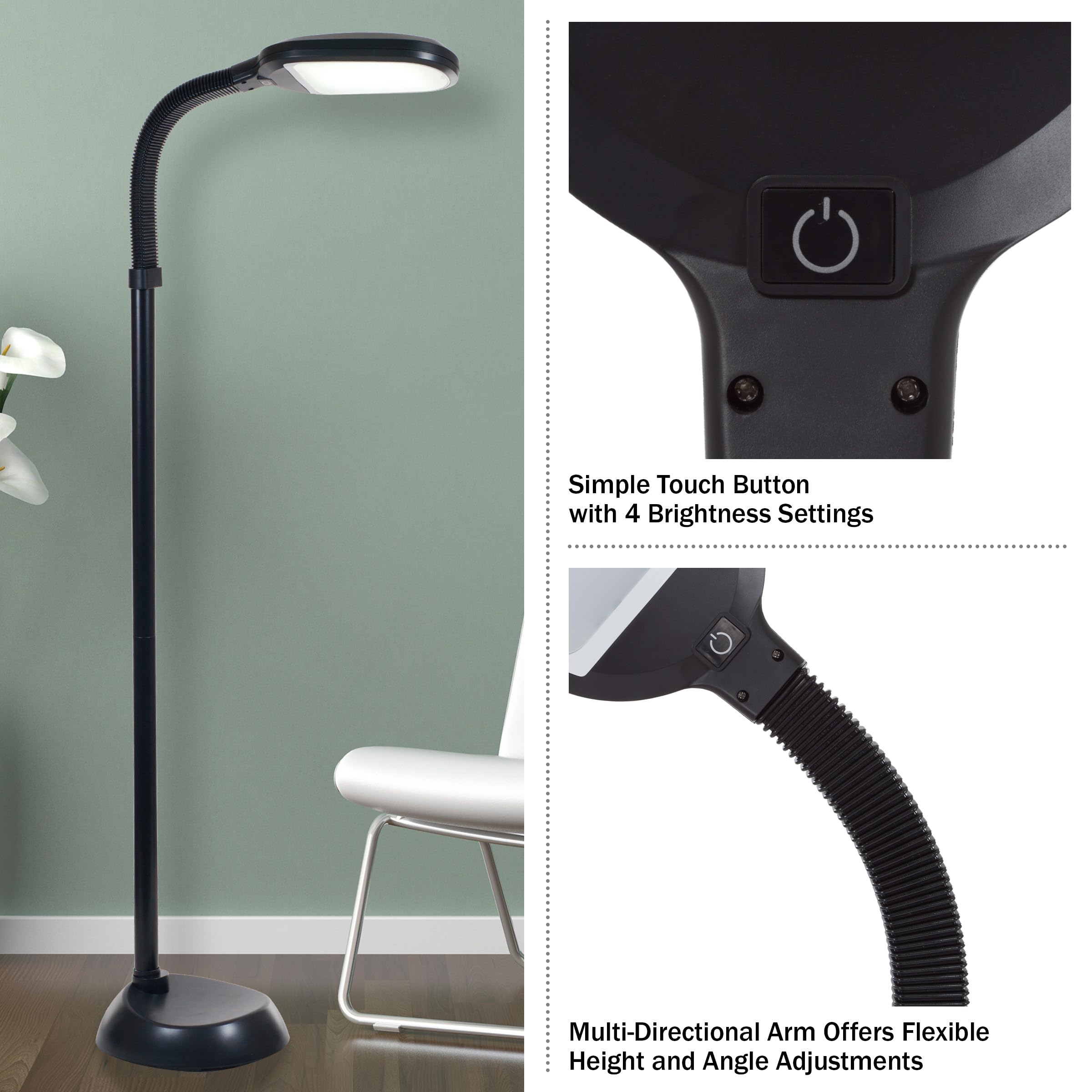 Bedford Home LED Floor Lamp - Full Spectrum, Dimmable, 5 - Midnight Black, Model 72A-1515, Plastic