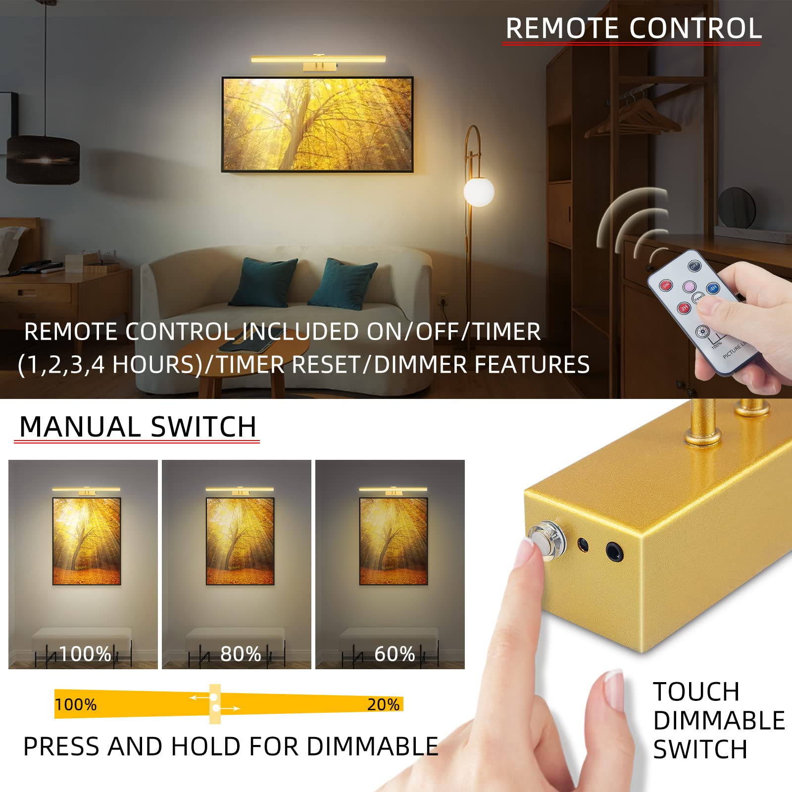 FUNCHDAY Picture Light,Battery Operated Picture Light for Wall,Wireless Remote Painting Light with Timer and Dimmable,16   Metal