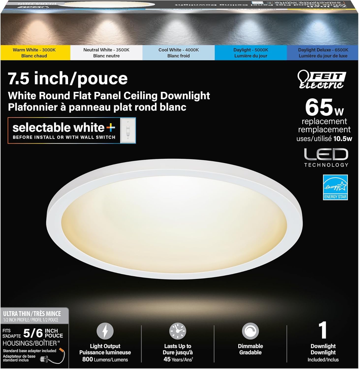 Feit Electric 5/6 Inch LED Ceiling Downlight, Dimmable Flat Panel Ceiling Light with Color Selection (5CCT), Fits 5/6 Inch Reces
