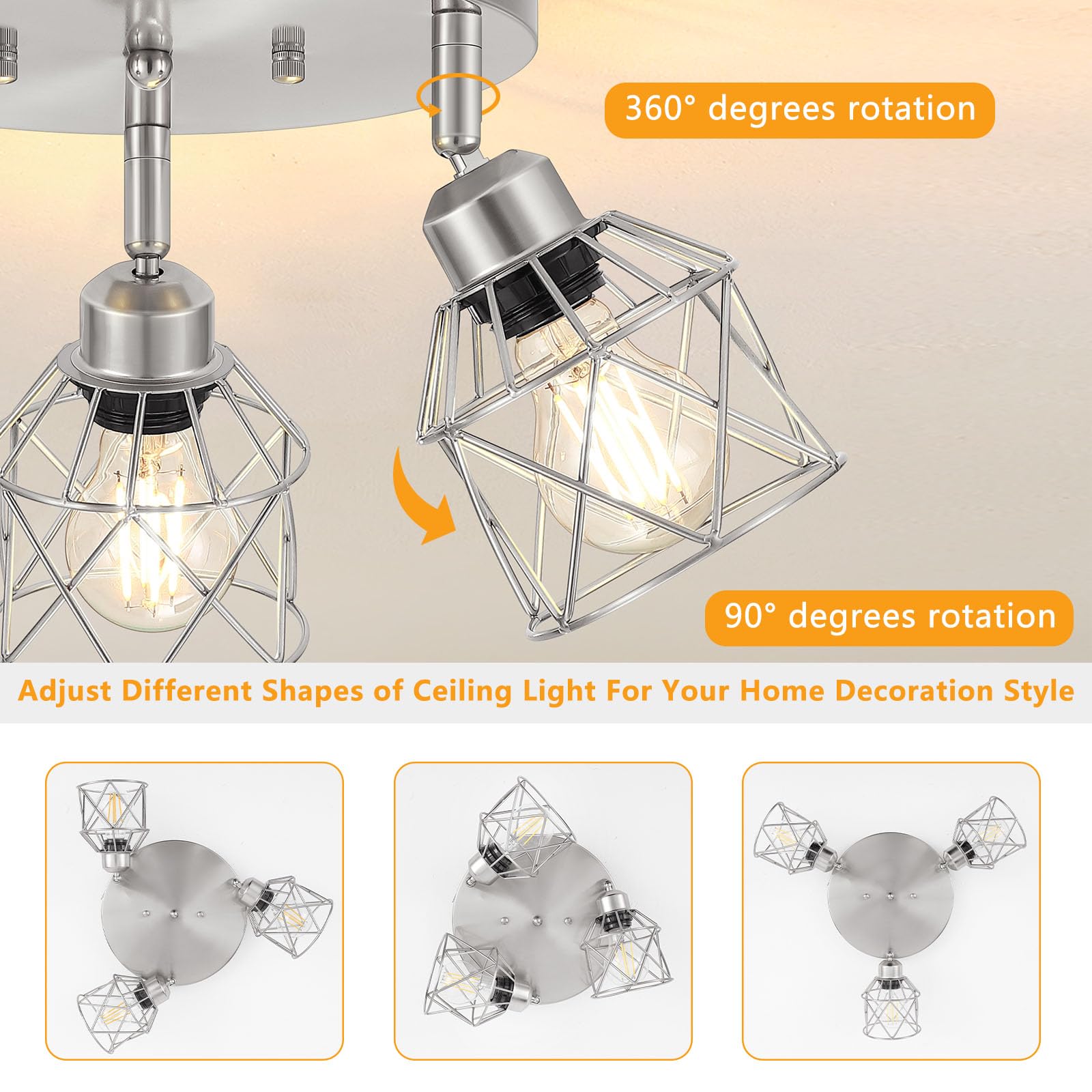 Baocuz 3-Light Semi Flush Mount Ceiling Light, Adjustable E26 Base, Metal, Silver, Model XLZCBN-3