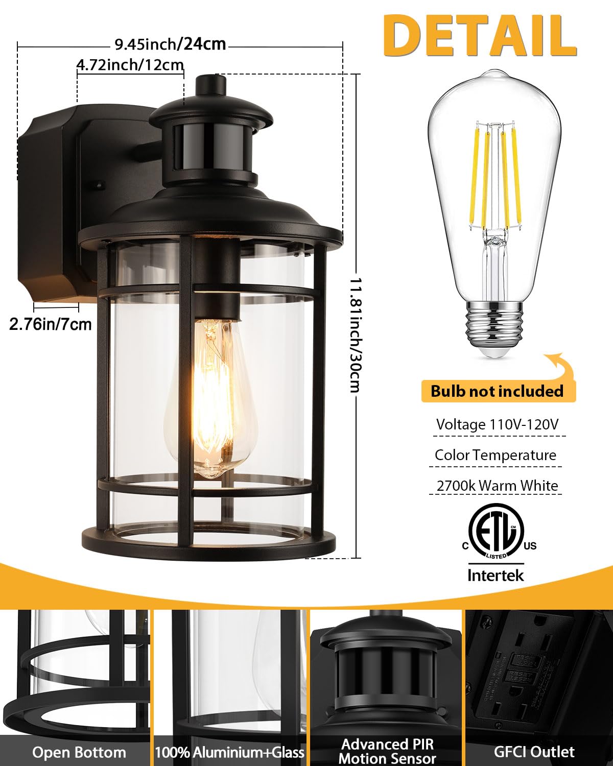 Porch Lights With Gfci Outlet  Dusk To Dawn Motion Sensor Outdoor Lights  3 Lighting Modes Waterproof Anti-Rust Alunmium Outside Porch Wall Light  Exterior Light Fixture For House Garage Front Door