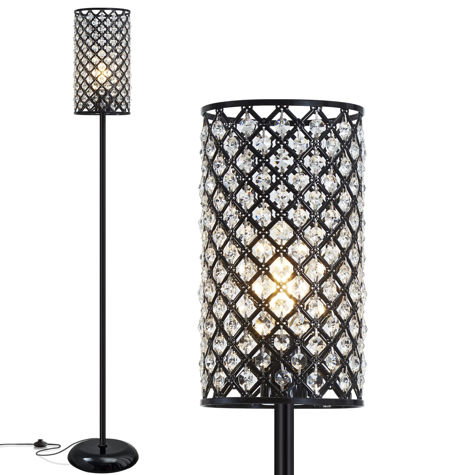 Crystal Floor Lamp, Modern Standing Lamp With Elegant Shade Black Floor Lamp With On/Off Foot Switch,Tall Pole Accent Lighting F