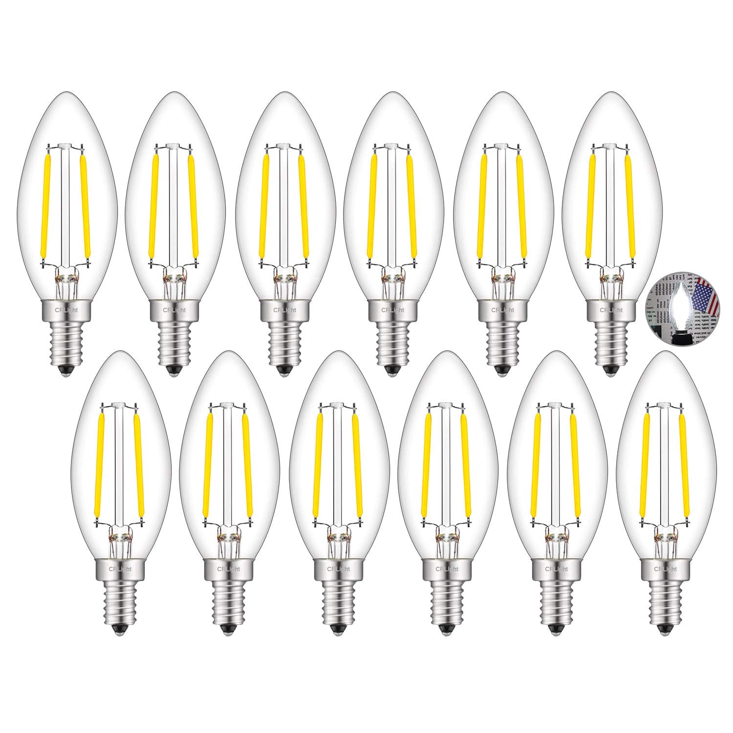 CRLight LED Candelabra Bulbs, 2W, 250 LM, Daylight White 5000K, E12 Vintage Edison, 12 Pack, Clear Glass