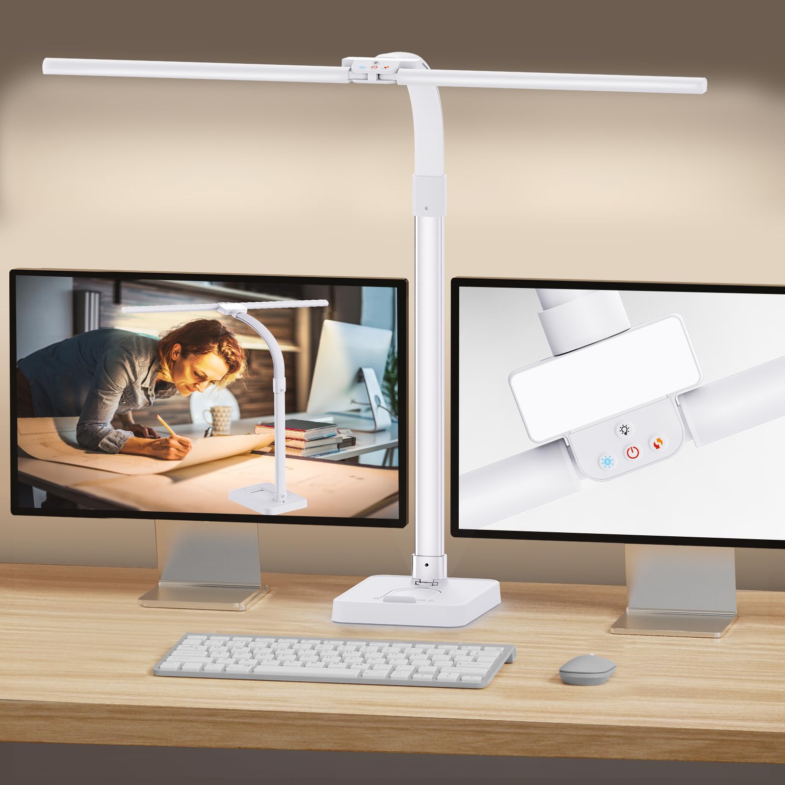 GAEFURY LED Desk Lamp, 24W Eye-Caring Light with Adjustable Gooseneck, Phone Holder, White, Model Td01-2