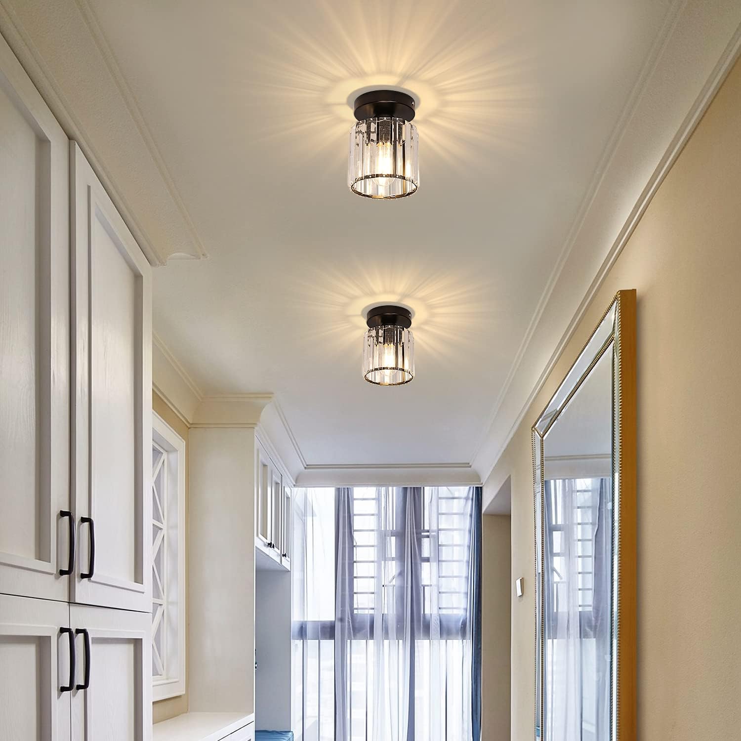 Goeco Crystal Ceiling Light Fixture, Modern Mini Semi Flush Mount Ceiling Light Fixtures, E26 Black Indoor Lighting Fixture For