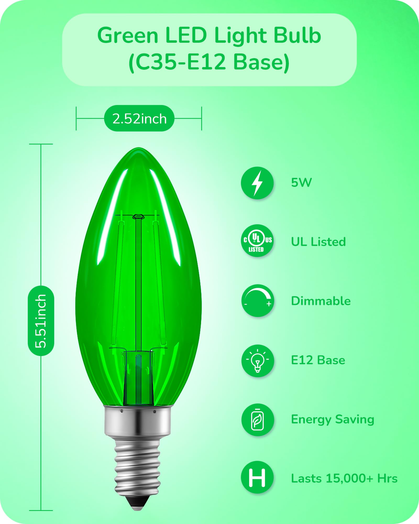 Edishine C35 Green Dimmable Led Light Bulbs For Easter/St. Patrick'S Day, 5W Equivalent 60W, Led Filament Light Bulb, 6 Pack E12