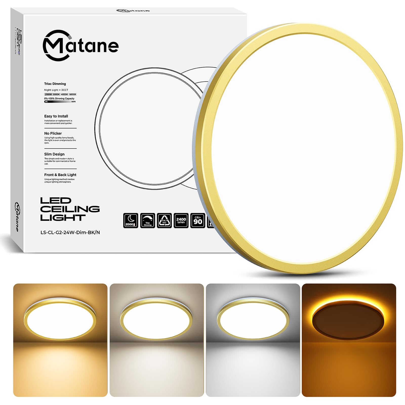 Matane 12 Inch LED Flush Mount Ceiling Light Fixture with Night Light  24W 2400LM 3000K/4000K/5000K Selectable  Dimmable Ceiling Lights for Bedroom  Dining Room  Kitchen  Round Gold