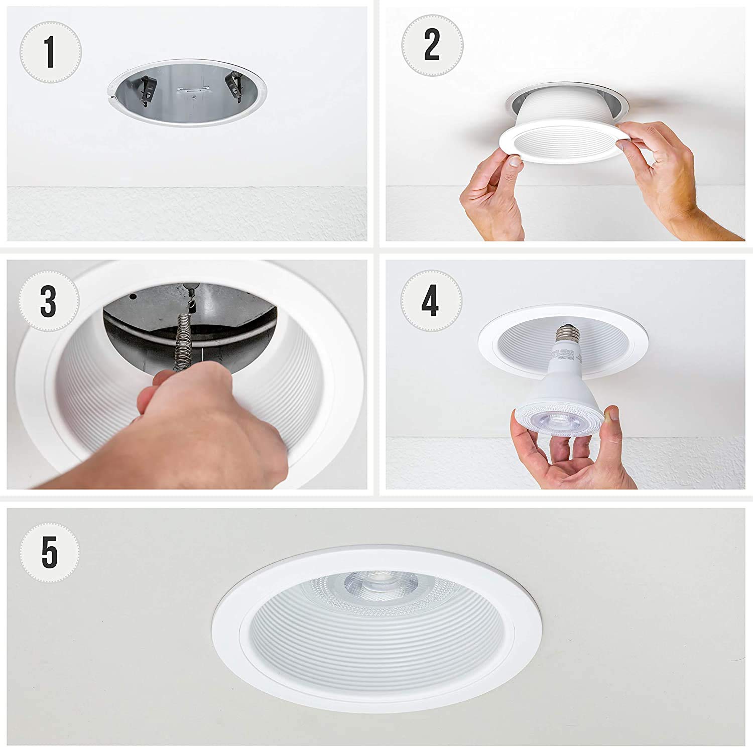 PROCURU 6in Metal Recessed Can Light Trim Cover, Step Baffle, White, 12-Pack, Model PCB630W-12