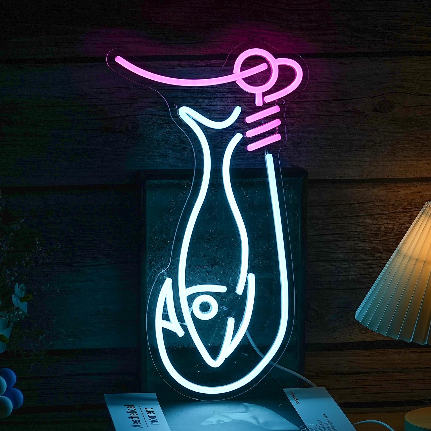 LISIGNVE Fishing Neon Sign LED Wall Light, Dimmable, Ice Blue Pink, Silicone Decor for Living Room, Man Cave, Yacht, Gift for Boys
