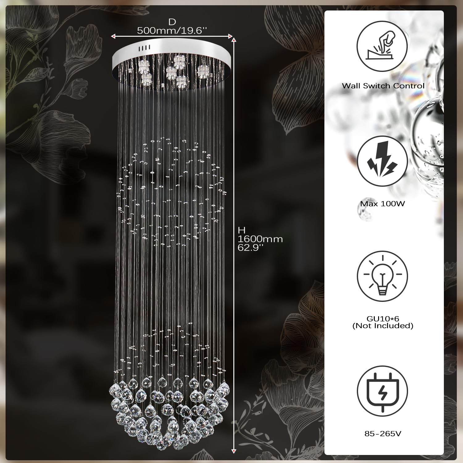 Finktonglan Crystal Pendant Light Chandelier For Staircase, Modern Flush Mount Ceiling Fixture