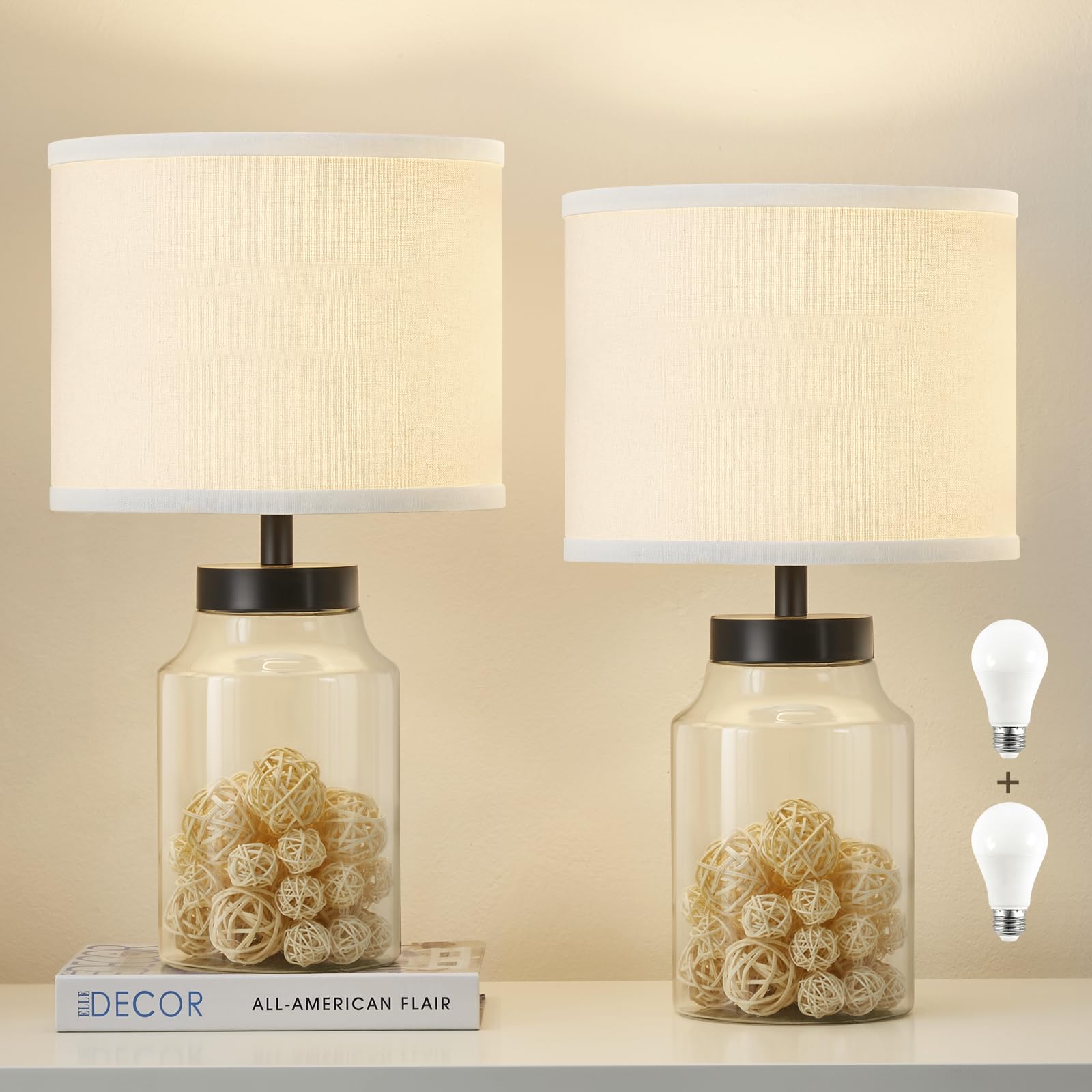 GyroVu Fillable Table Lamp - Modern Glass Lamp with White Lampshade for Living Room, Bedroom, Office - Bulbs Included