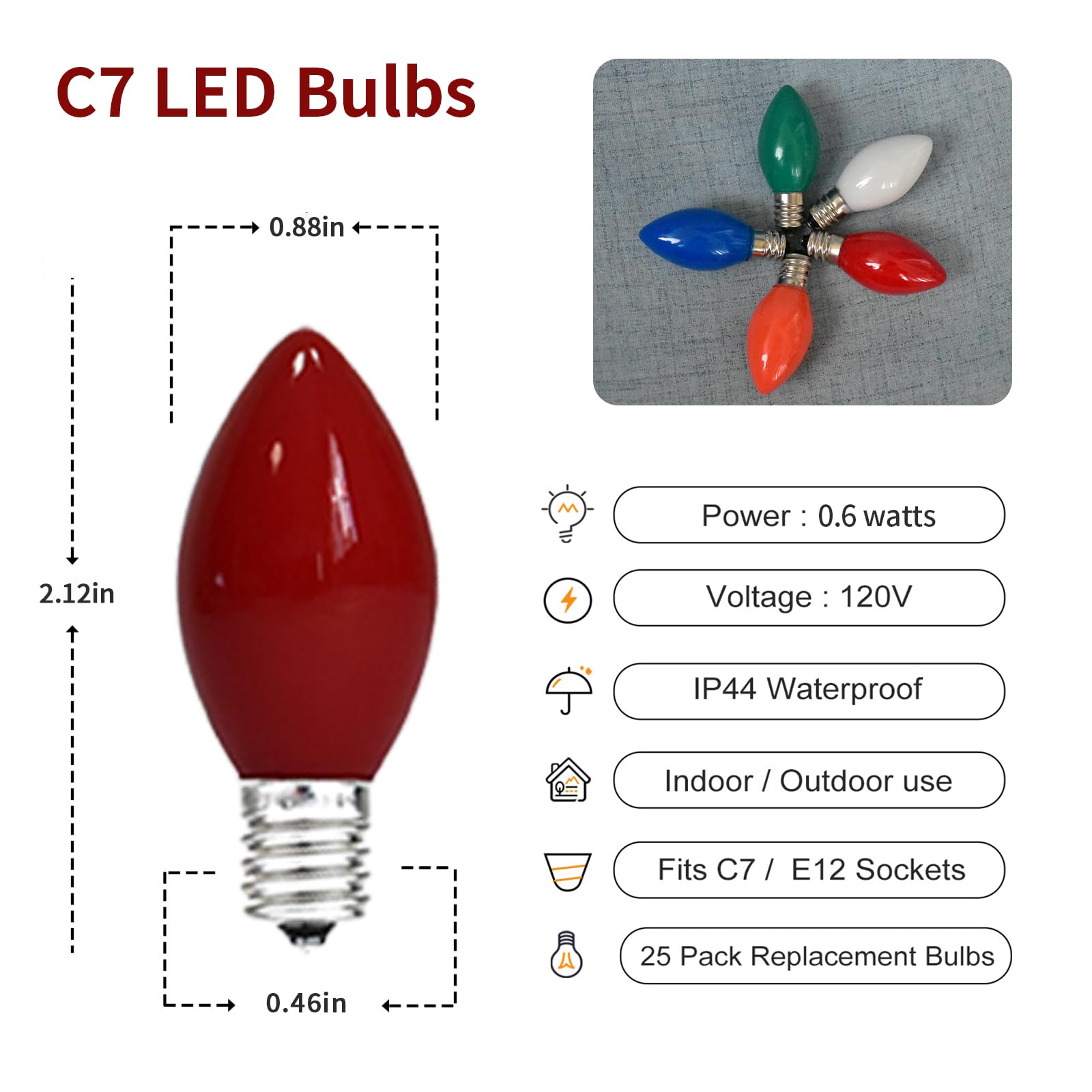 Chyparty 25 Pack C7 Christmas Light Bulbs, Multicolor Led Replacement Bulbs For Outdoor String Lights, Patio, Xmas Tree, Holiday