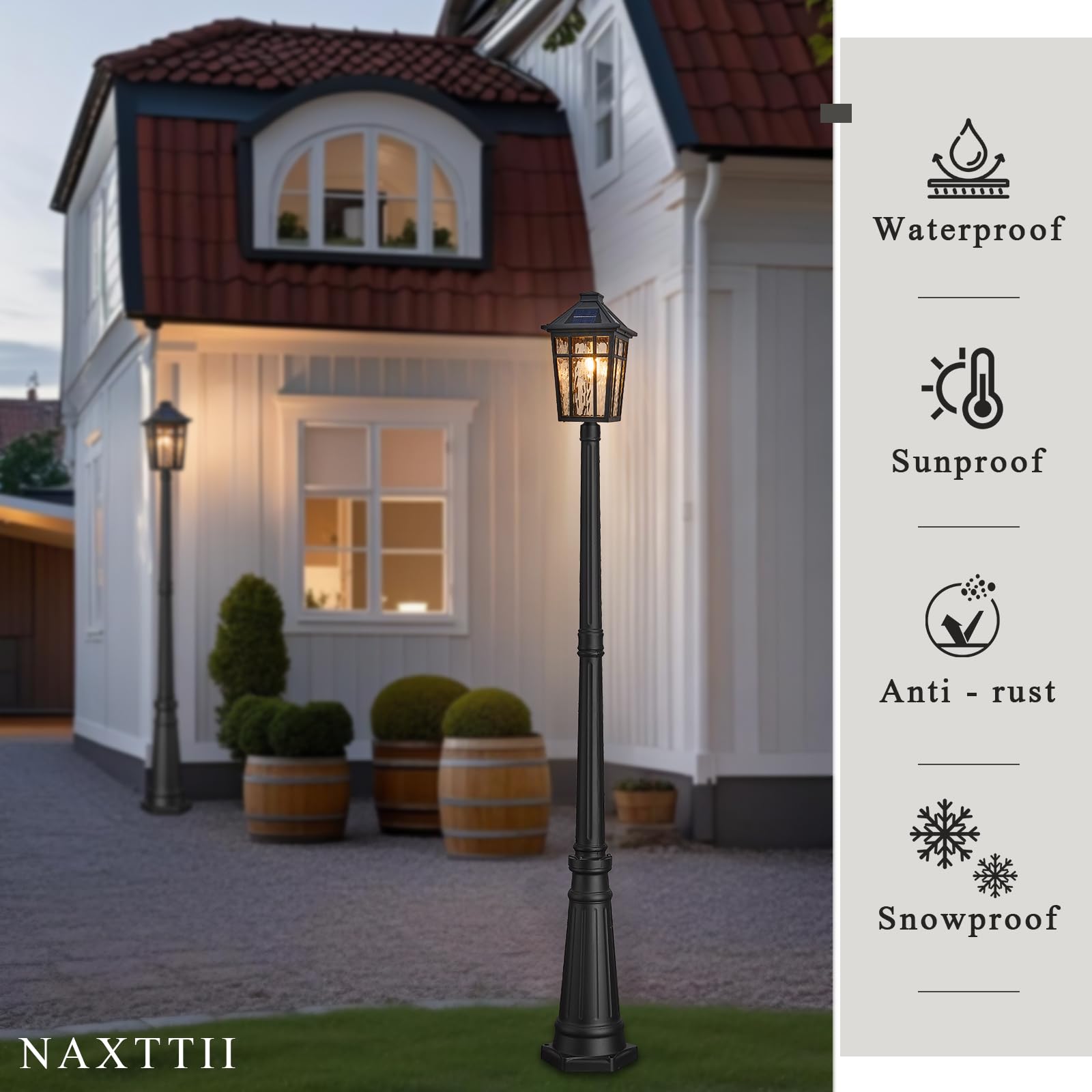 NAXTTII Outdoor Solar Lamp Post Light, 80.7 Inch, Black Aluminum, Waterproof with Remote Control, Model XN13R-M-SL-SW-BK