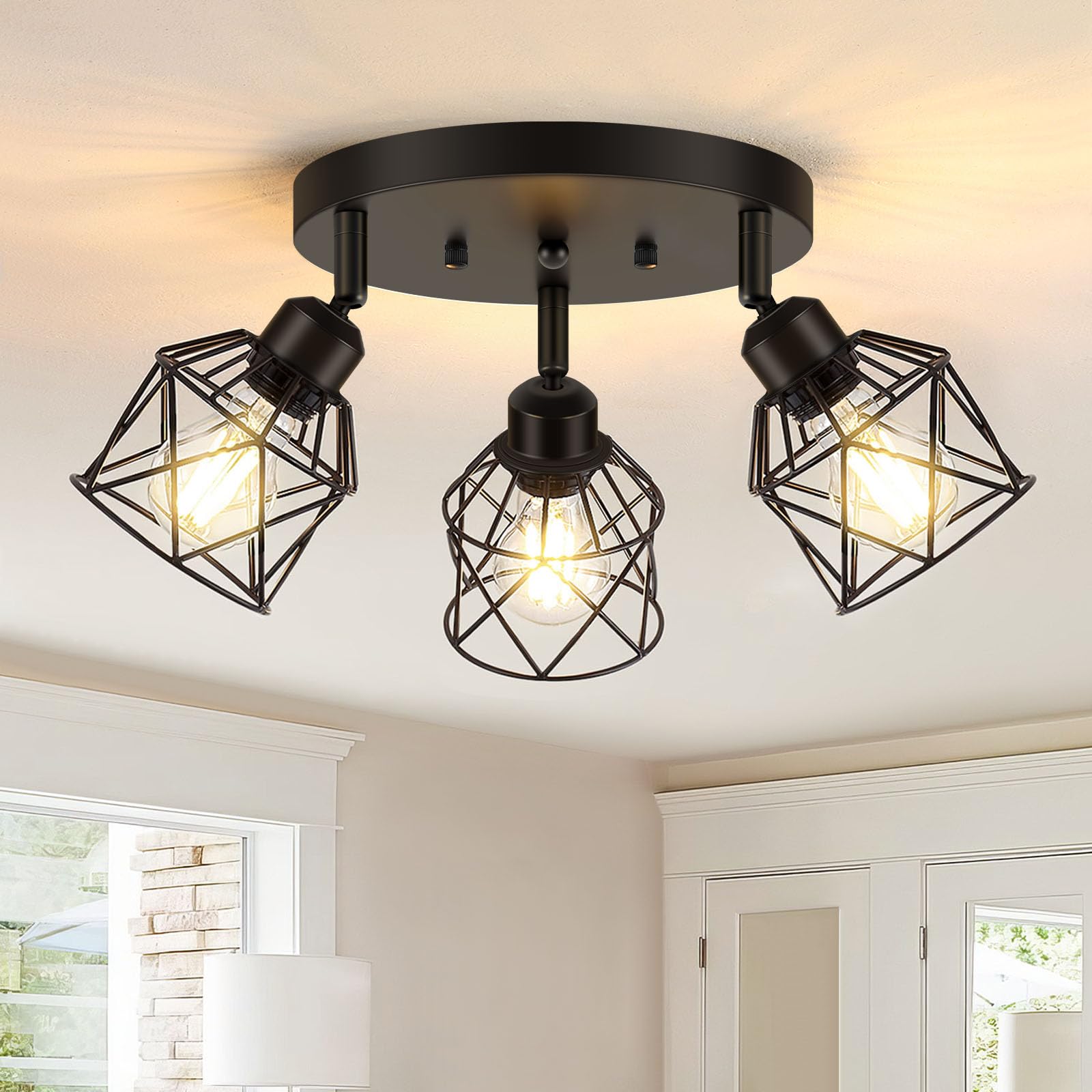 Baocuz 3-Light Kitchen Flush Mount Ceiling Light, Adjustable Multi-Directional Ceiling Light Fixture, Farmhouse Black Metal Cage