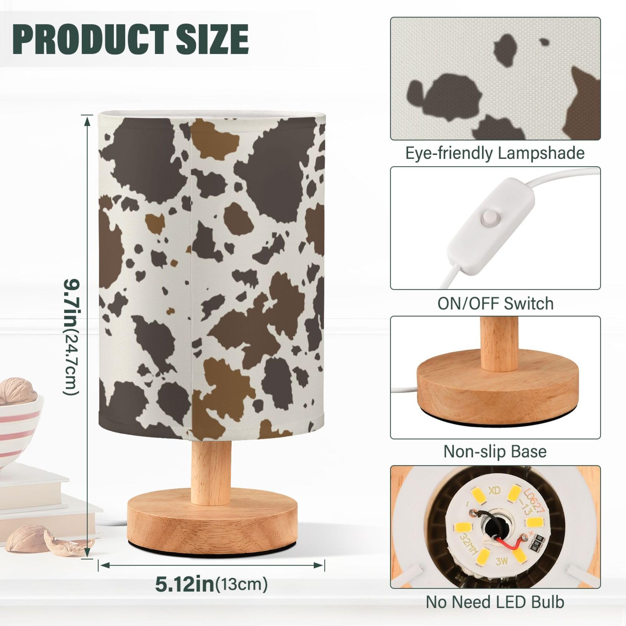 Yyzzh Table Lamp Cow Skin Brown Cowhide Pattern Nightstand Lamp With Wood Base Fabric Lamp Shade Bedside Desk Lamp For Living Ro
