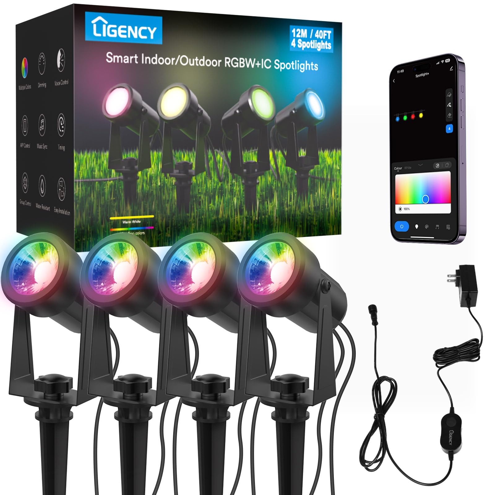 Ligency Smart Low Voltage Landscape Lighting, 4 Pack Wired Waterproof Outdoor Spot Lights, Rgbw Led Accent Spotlights Outside Uplighting For Yard Garden House Halloween