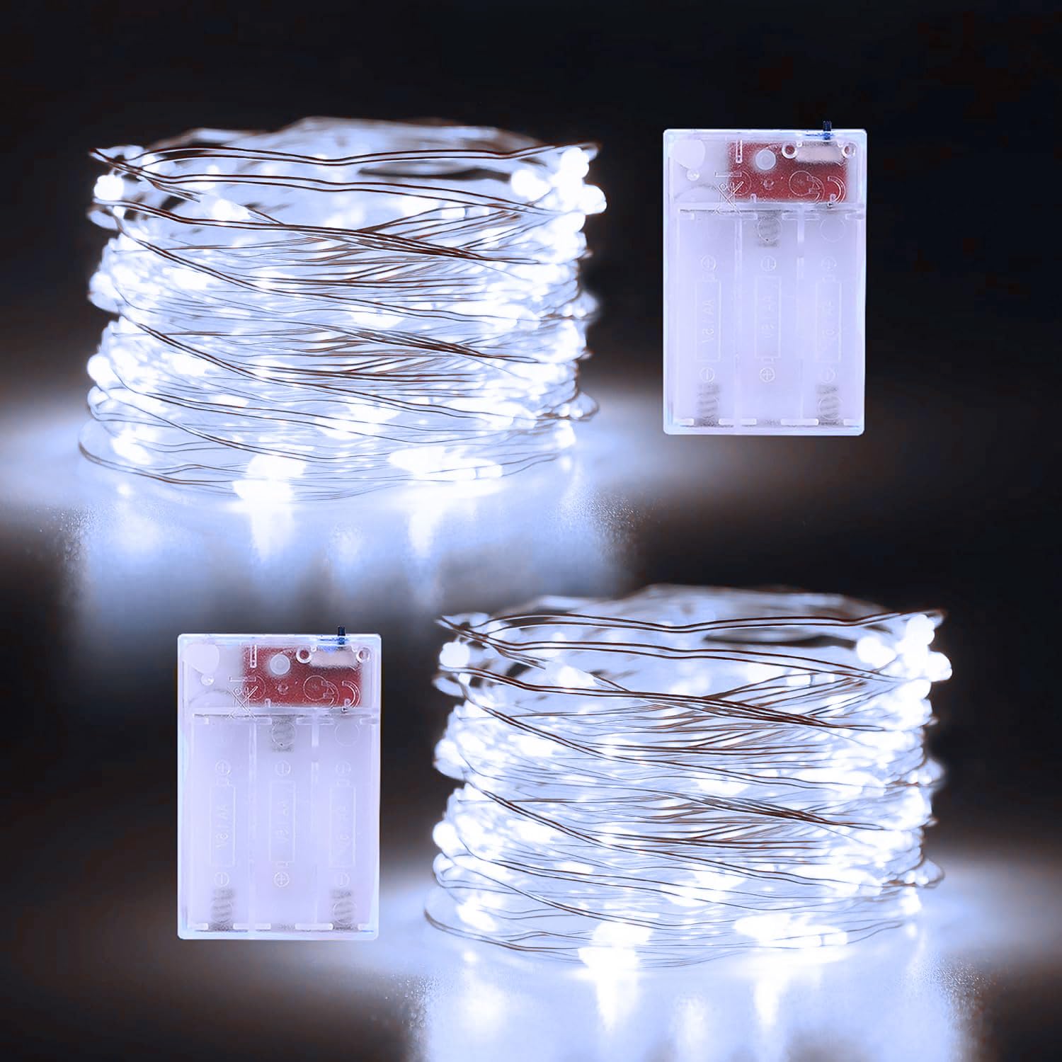 echosari 2 Pack Fairy Lights, 16.4Ft 50 LEDs, Battery Operated, Silver Copper Wire, Cool White for Indoor Outdoor Decor