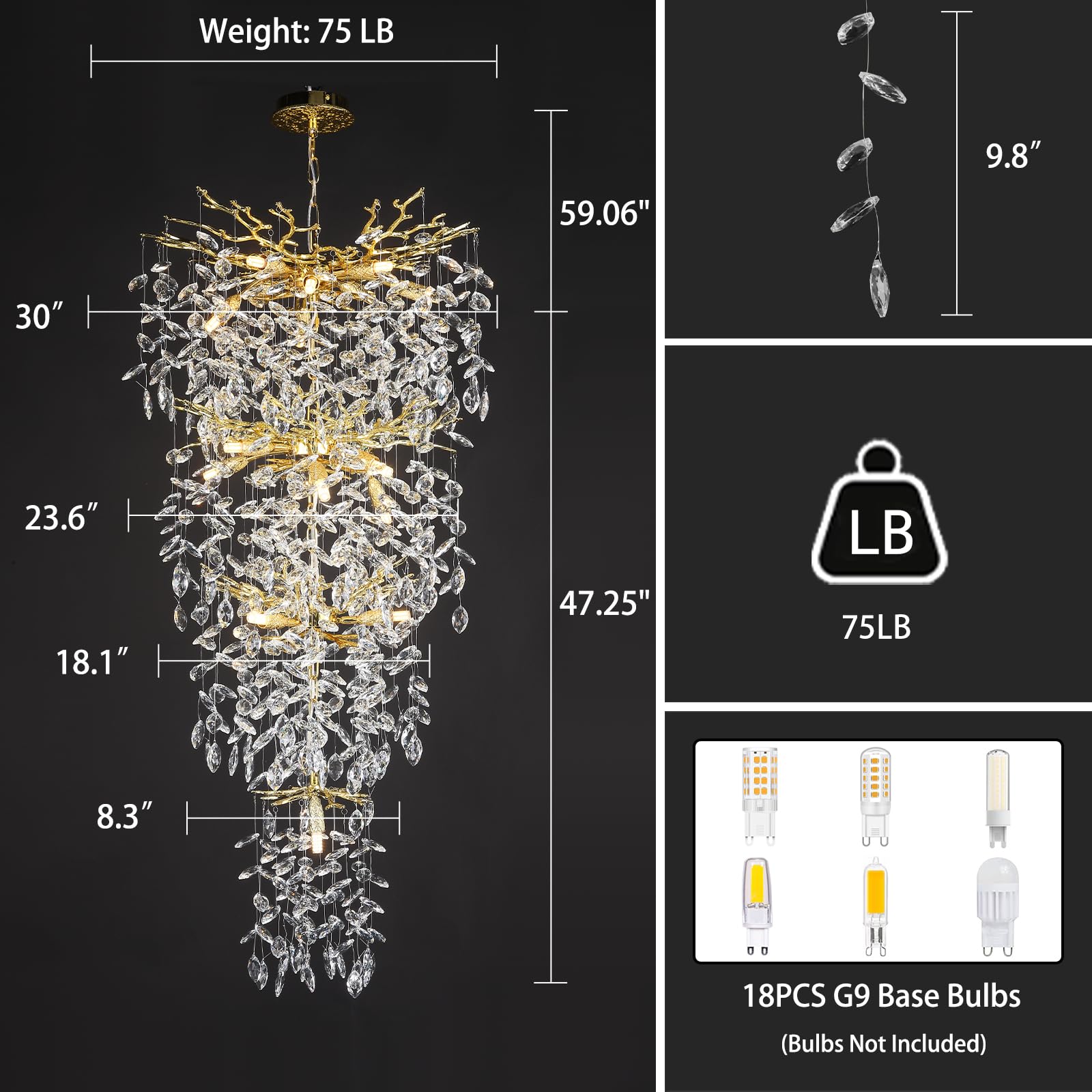 105'' Long Crystal Chandelier For High Ceilings 25-Lights Modern Gold Tree Branch Chandelier, Large Chandeliers For Foyer, Entry