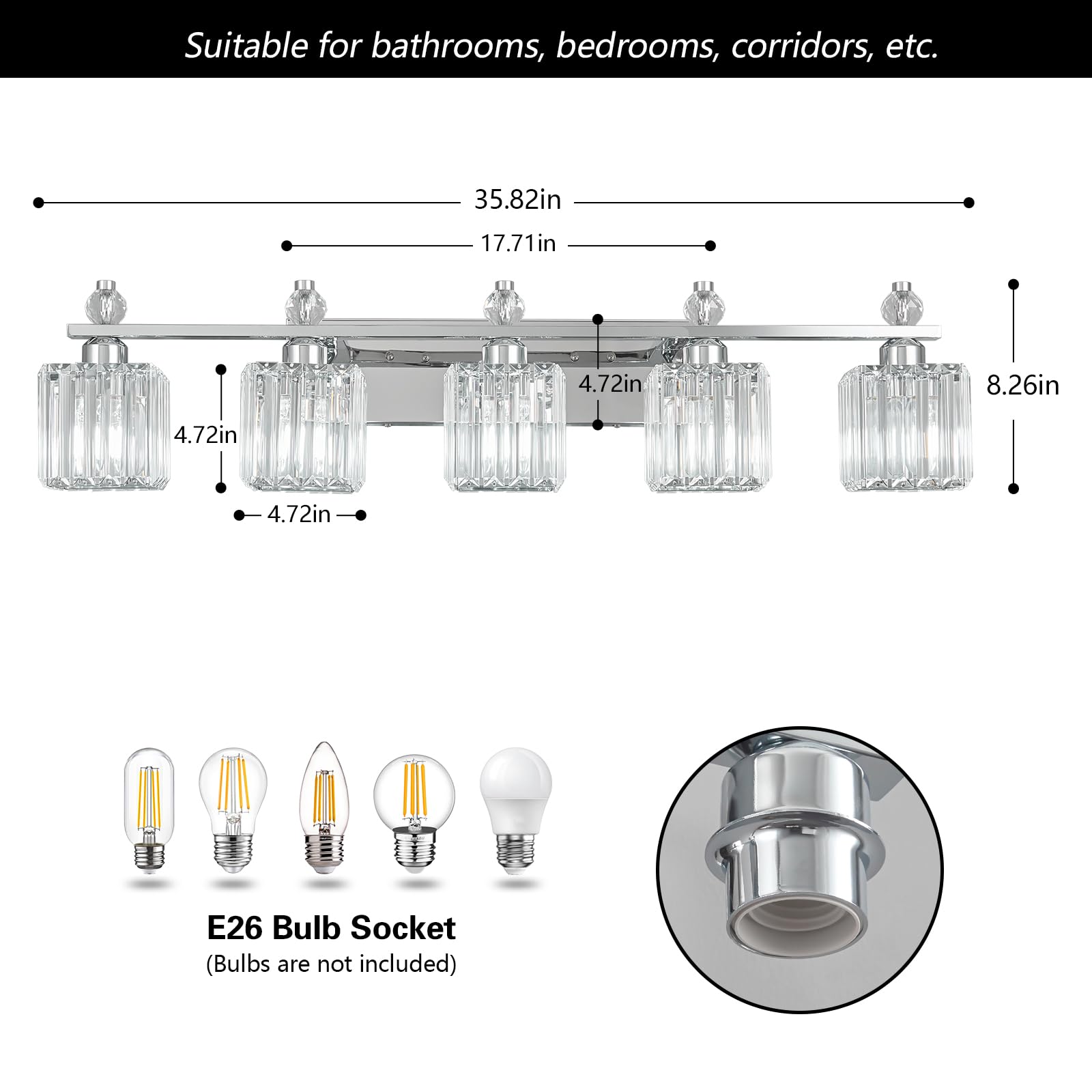 FDPBY 5-Light Chrome Crystal Vanity Light Fixtures, Model 290, Metal Bathroom Lighting Over Mirror