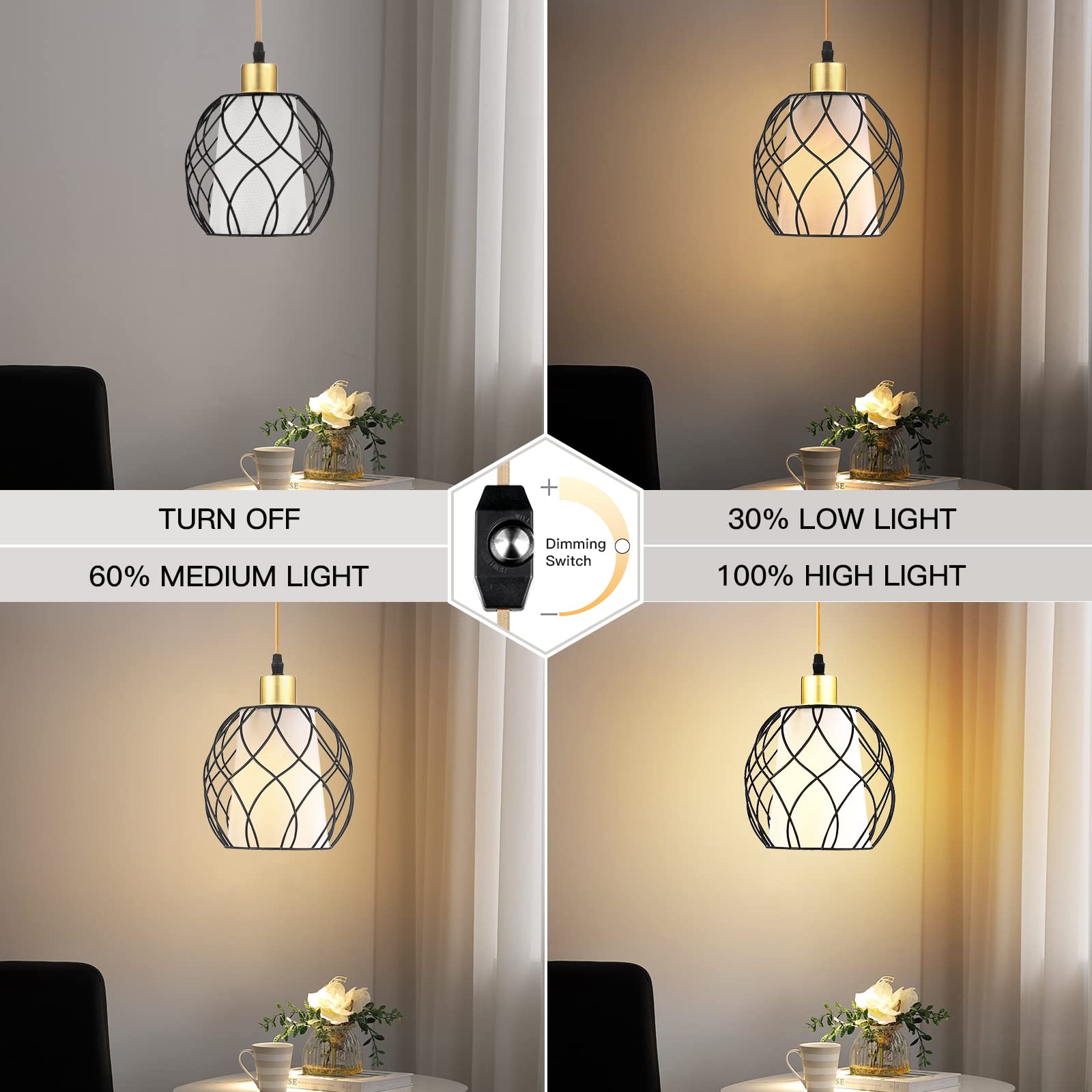 Ruzectt Plug In Pendant Light,Hanging Light With Plug In Cord,Black Hanging Lamp With Dimmable Switch,15 Ft Golden Cotton Cord,Hanging Light Fixture For Kitchen Living Room Bedroom (Bulb Included)