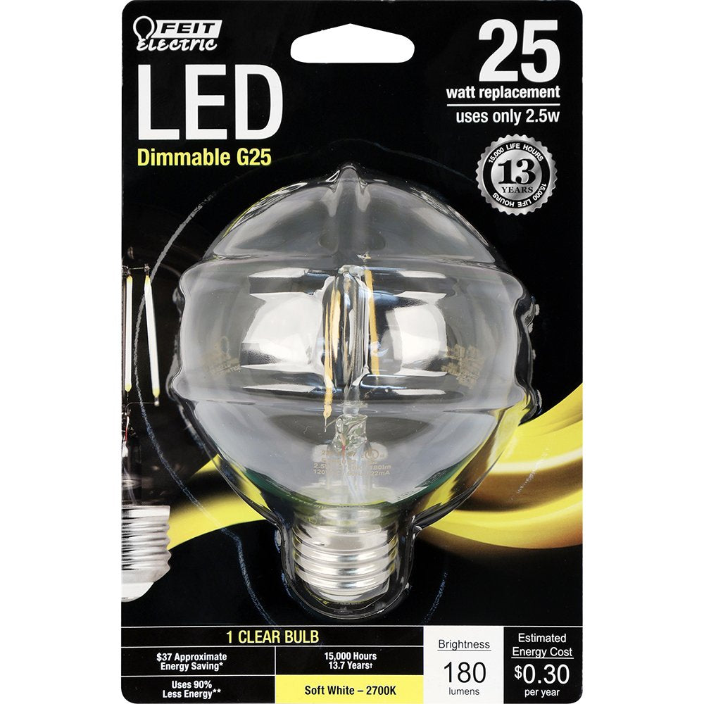 Feit Electric - Decorative Clear Glass Filament LED Dimmable 25W Equivalent Soft White (2700K) G25 Globe Light Bulb (BPG2525/827