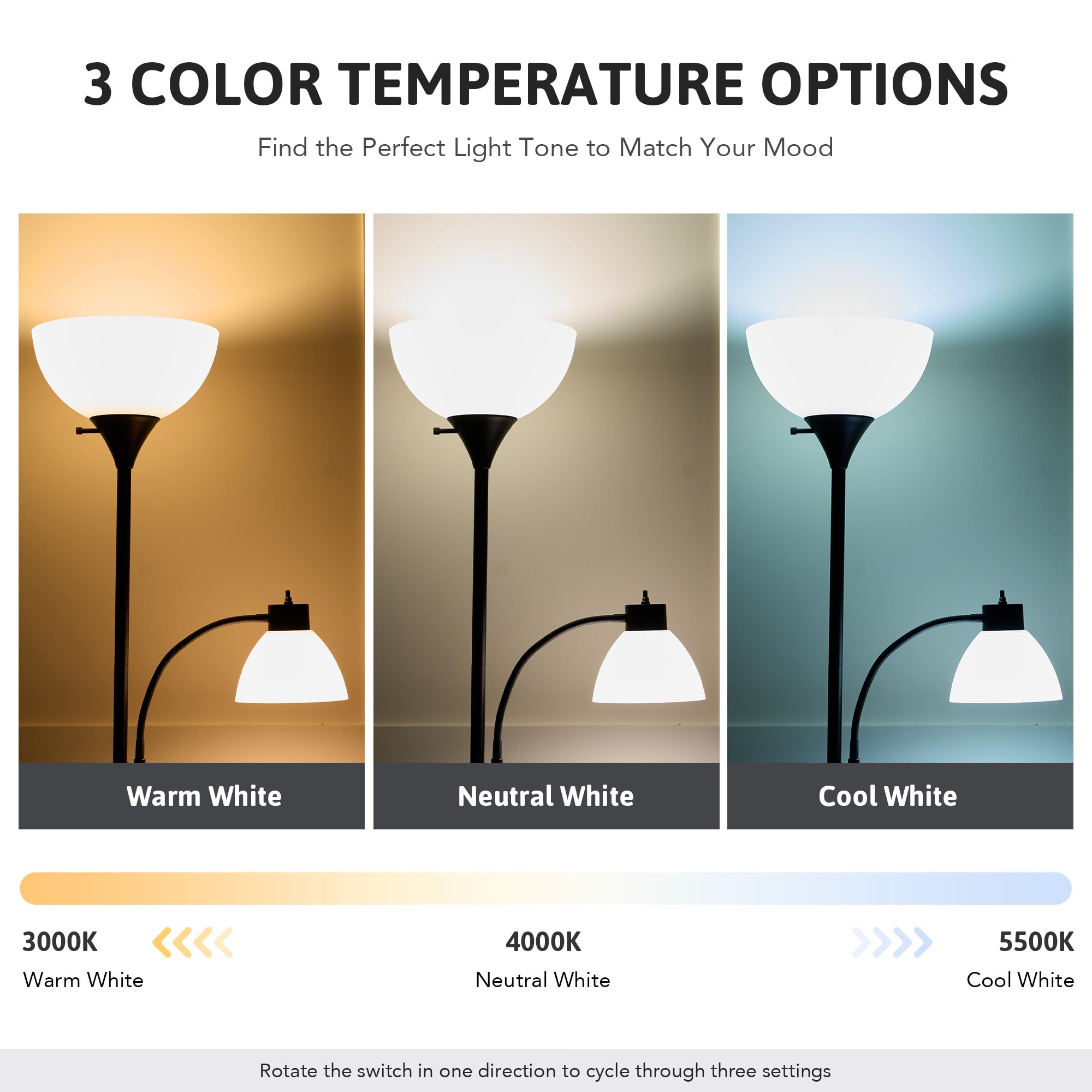 VONLUCE Torchiere Floor Lamp, 71in Adjustable Reading Lights, 2 Bulbs, Black, Model PTL-58DR