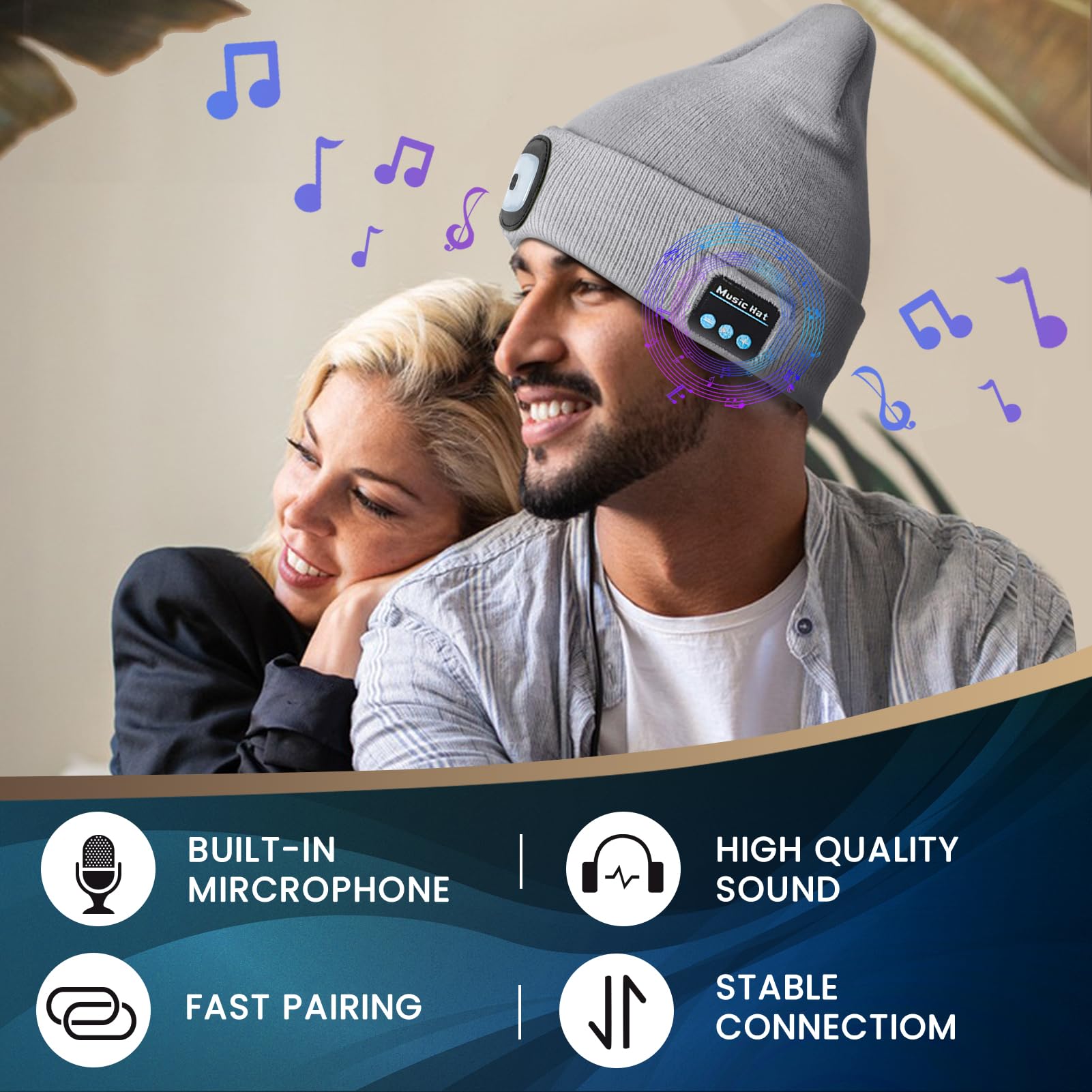 Vibhigh-standard Bluetooth Beanie Hat With Light  Usb Rechargeable Led Headlamp With Wireless Headphones  Christmas Gifts Stocking Stuffers For Men  Teen Boys  Him  Husband  Boyfriend  Grey