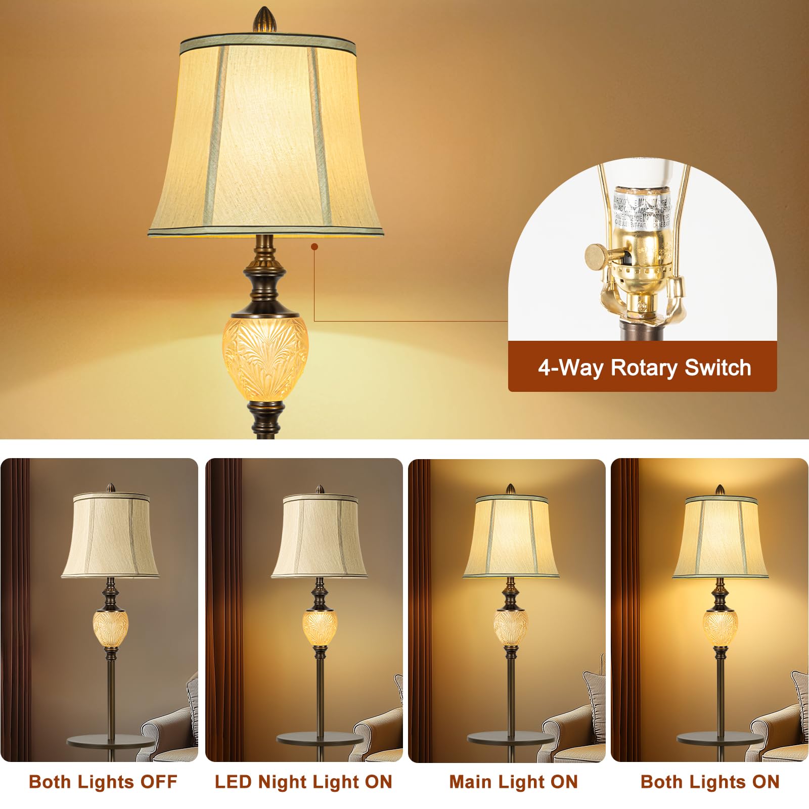 64'' Vintage Floor Lamp For Living Room With Tray And Nightlight Farmhouse Tall Standing Lamp With Beige Faux Silk Shade Rustic