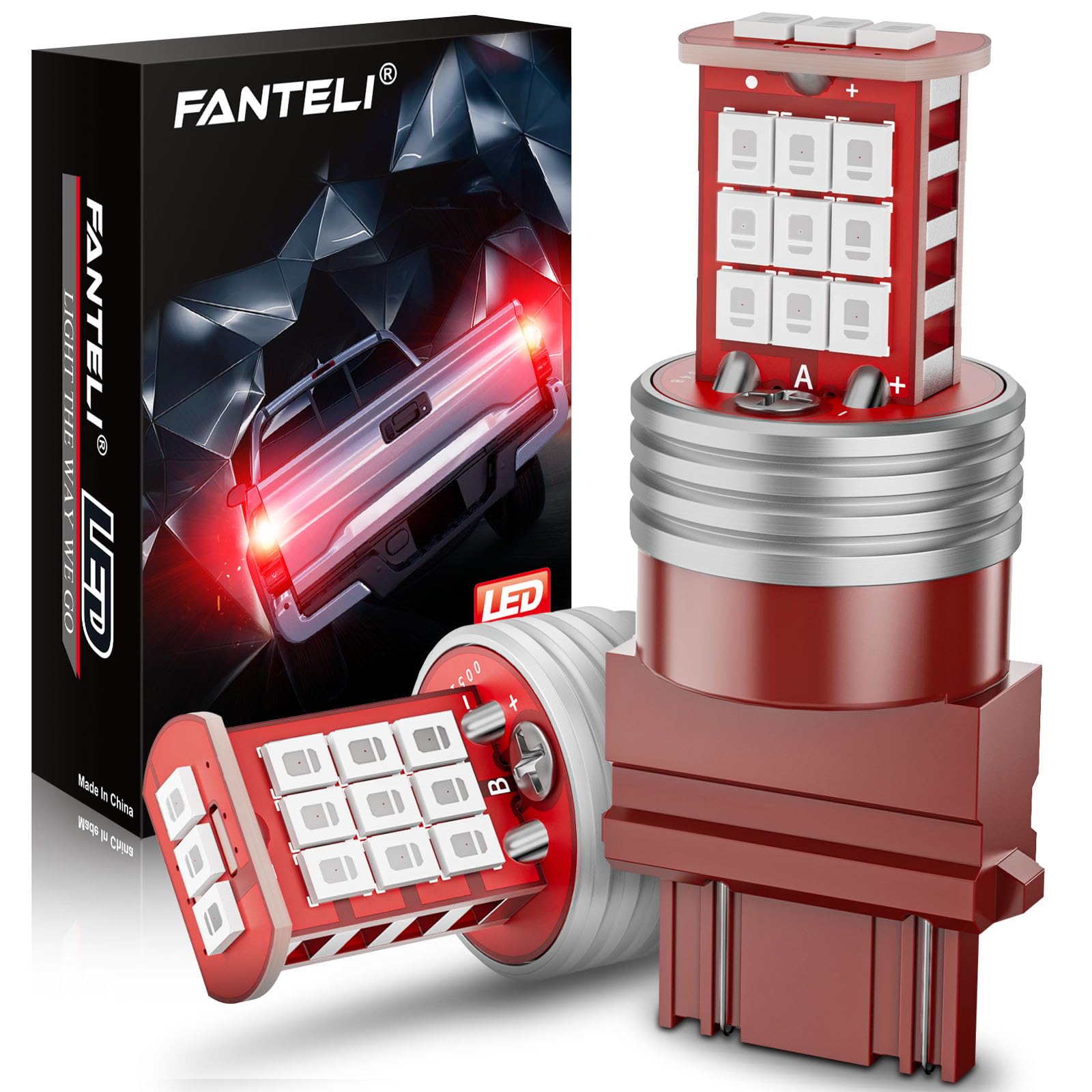 FANTELI 3157 LED Bulb Red for Brake Lights, 300% Brighter, Aluminum, Model 3157-2835-NO-RED-FAD, Pack of 2