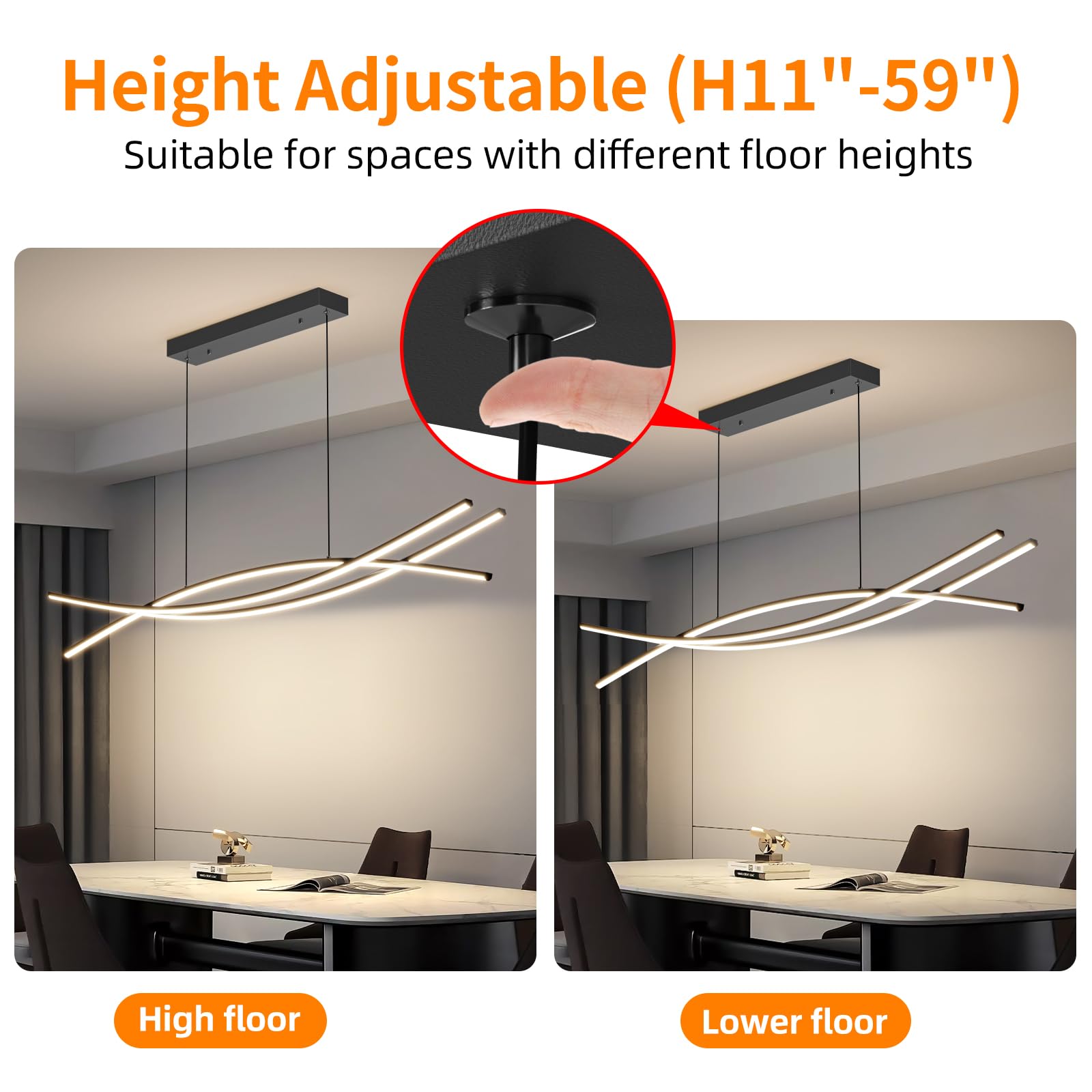 Mikeru Modern Ceiling Chandelier Light 47in Aluminum Pendant with Remote Control, Adjustable Color Temperature, Black