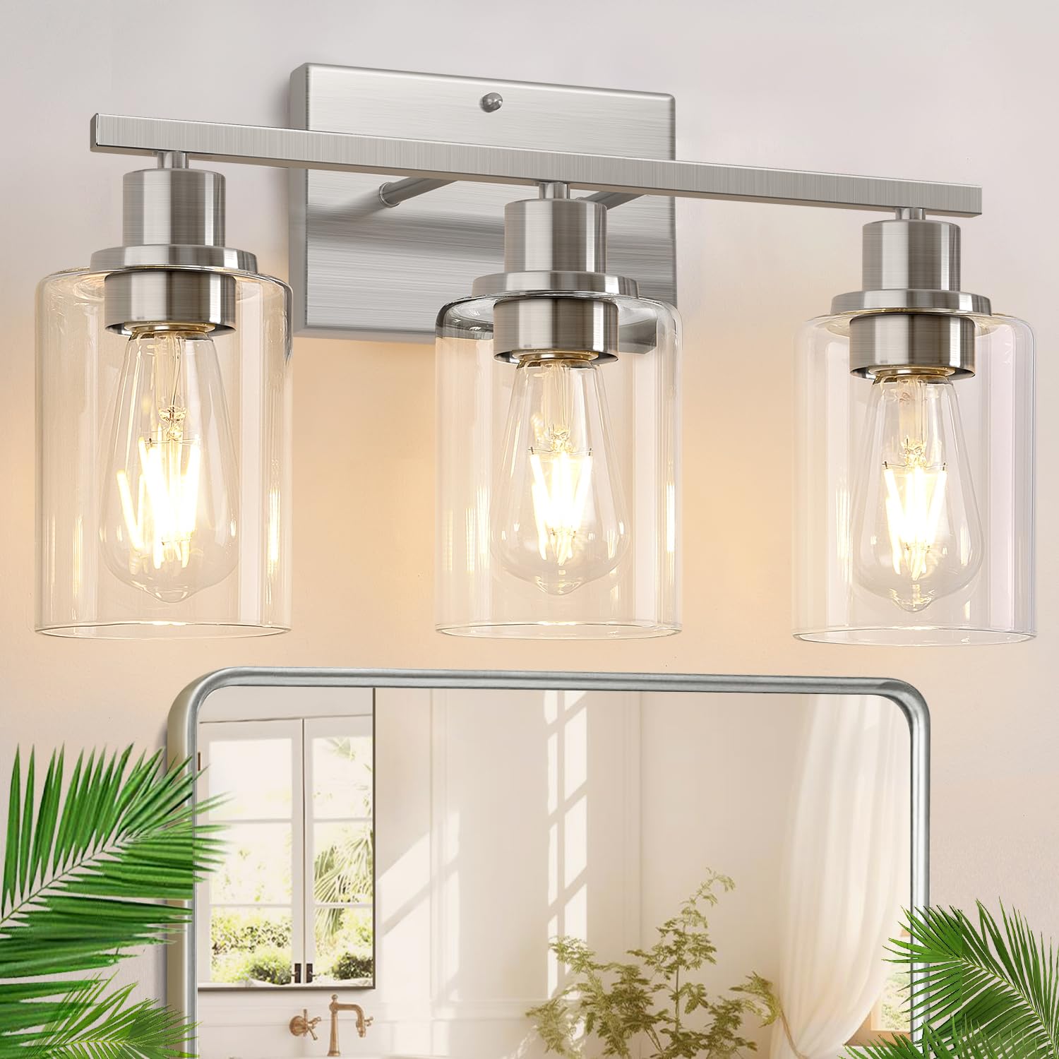 Indoi 3-Light Bathroom Vanity Light Fixtures, Brushed Nickel with Clear Glass Shades, Model YX-032H