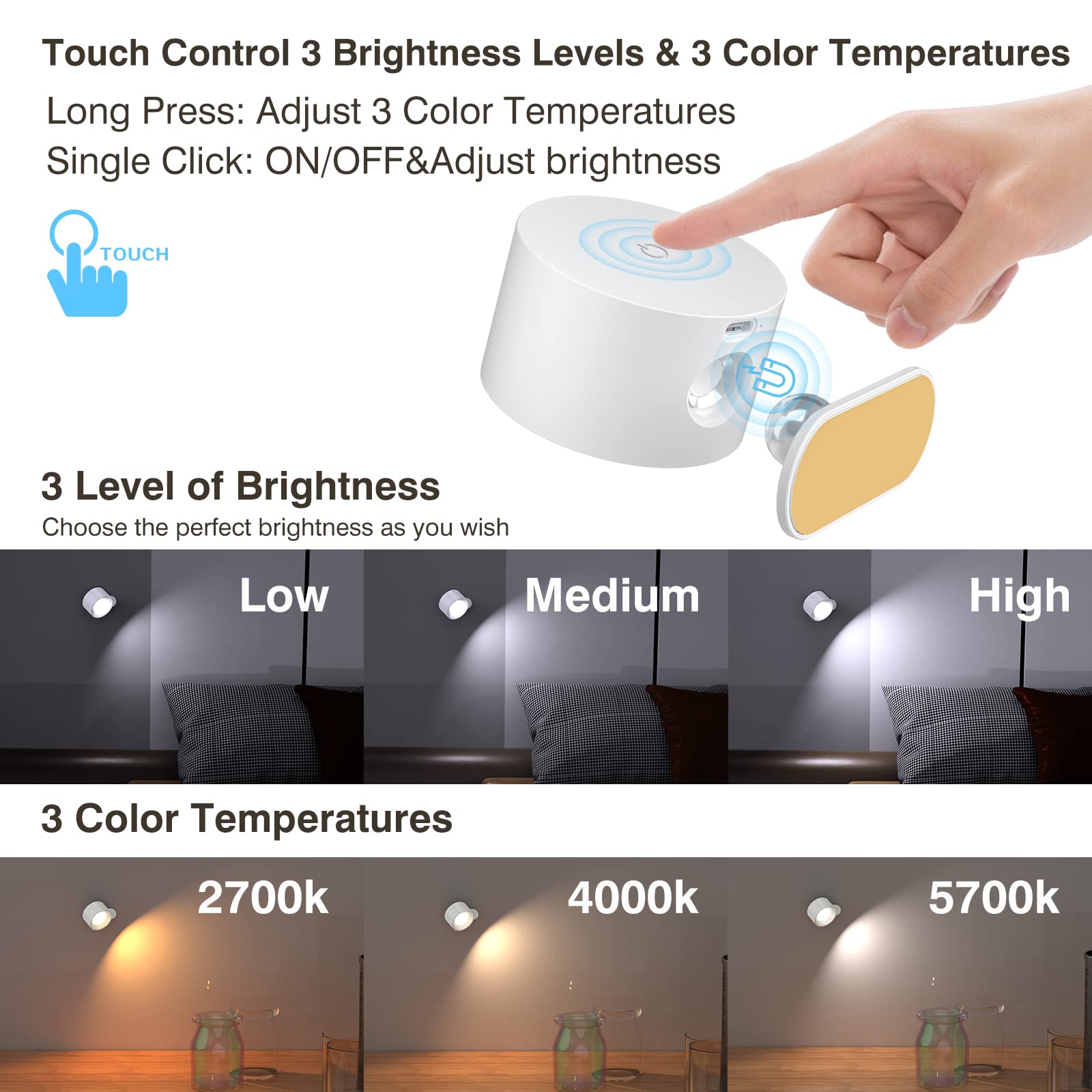 Koopala LED Wall Sconces - Rechargeable, 3 Brightness, Magnetic, White, Model Rblack3, Cordless Wall Light for Reading and Study