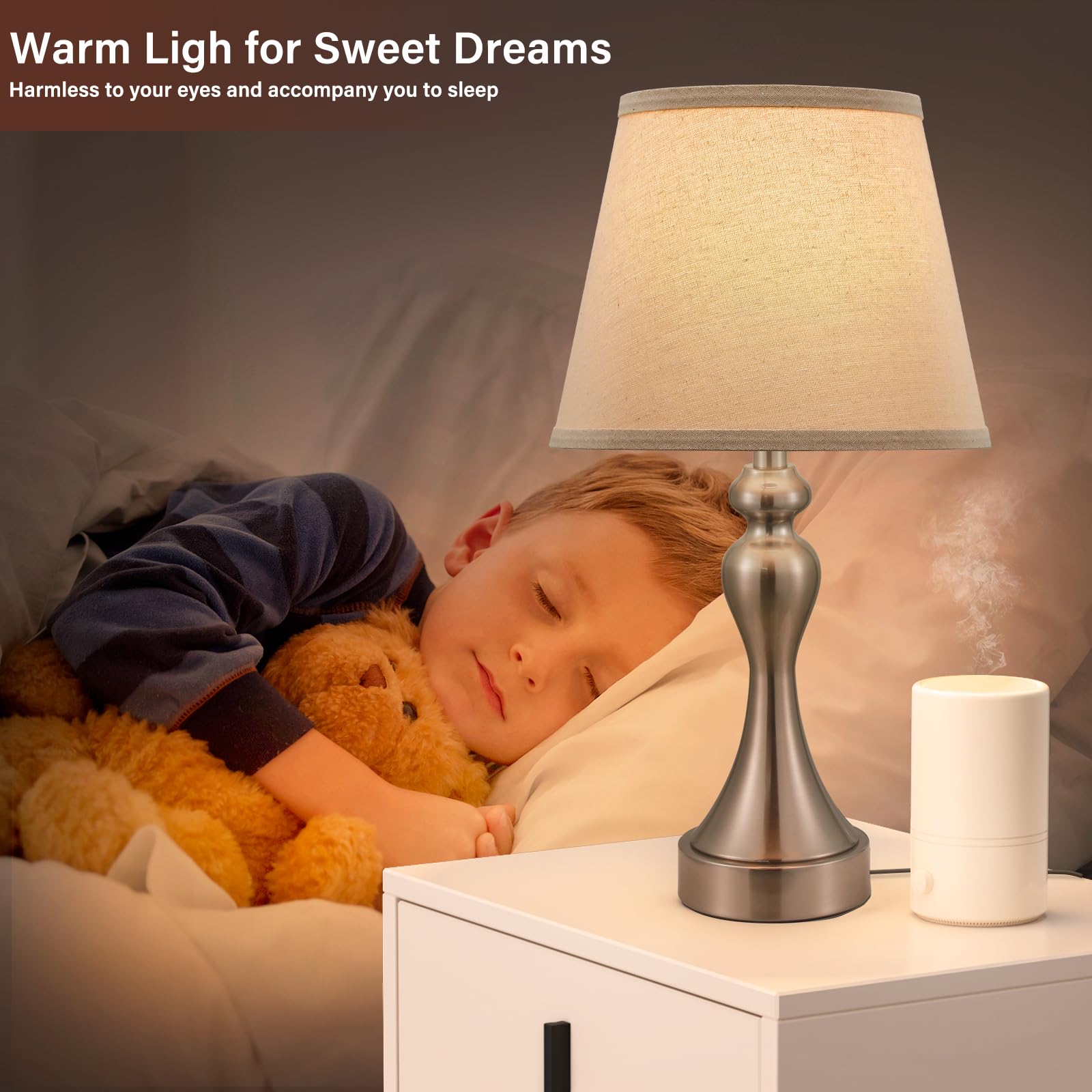 Seealle Touch Lamps Set of 2 - 3 Way Dimmable, USB C+A, Oat Shade & Nickel Base, Model 07022 for Bedroom & Night Stands