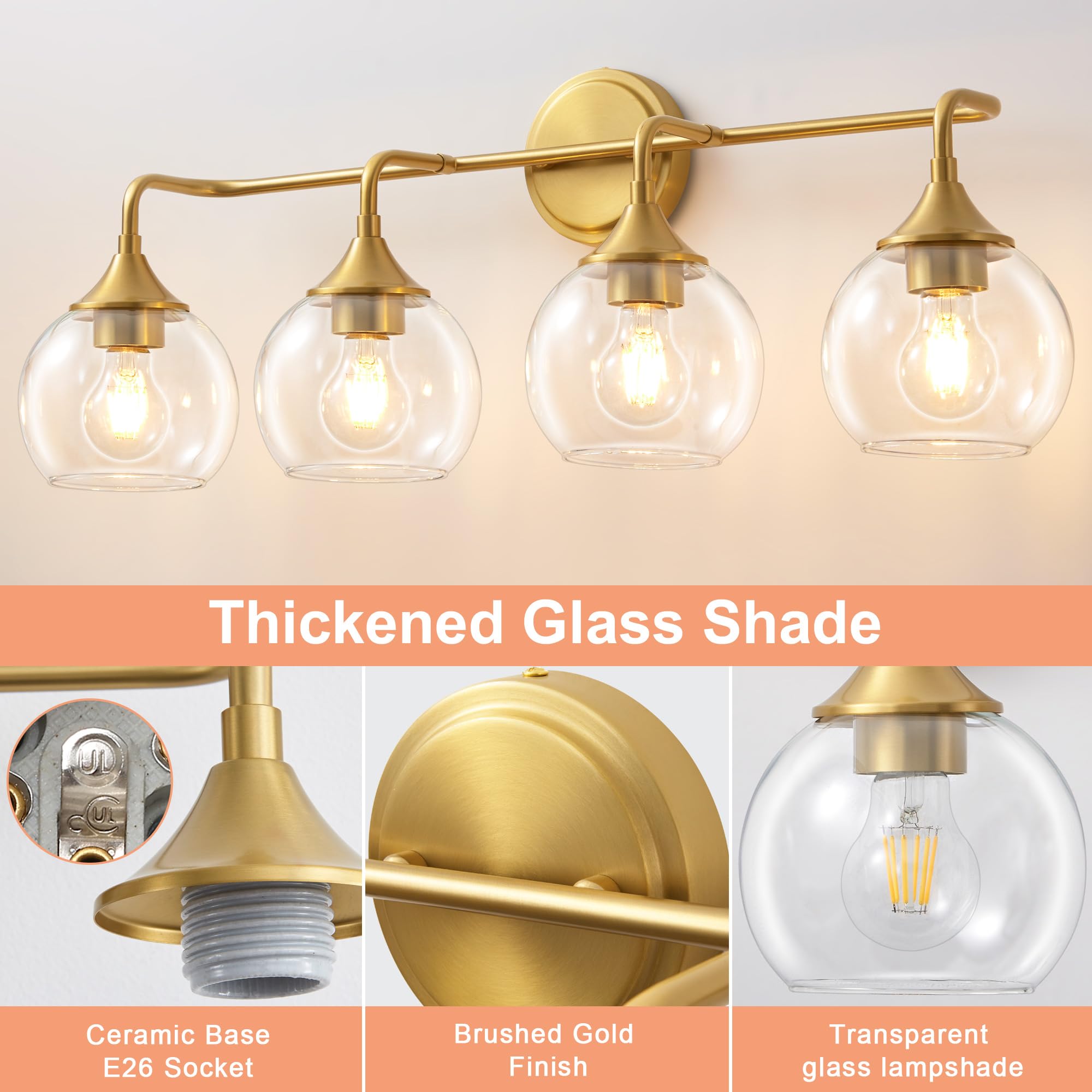 Gednbo Bathroom Vanity Light, 4-Light Gold Fixtures, Clear Glass Shade, 31 inch, Model G1796