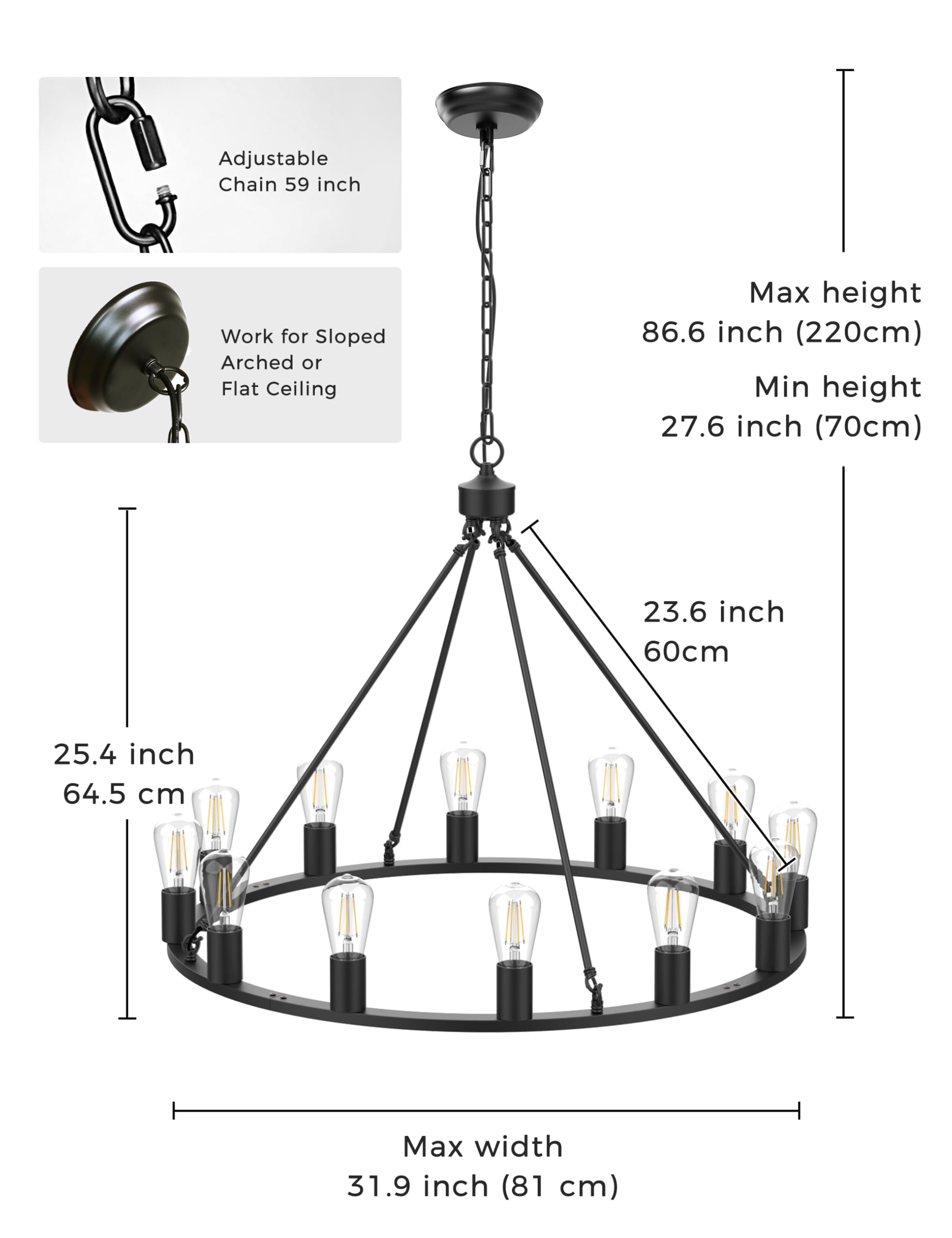 L Lohas Led Black Farmhouse Chandeliers For Dining Room, 12-Light Wagon Wheel Chandelier Over Table, Height Adjustable, 32'' Din