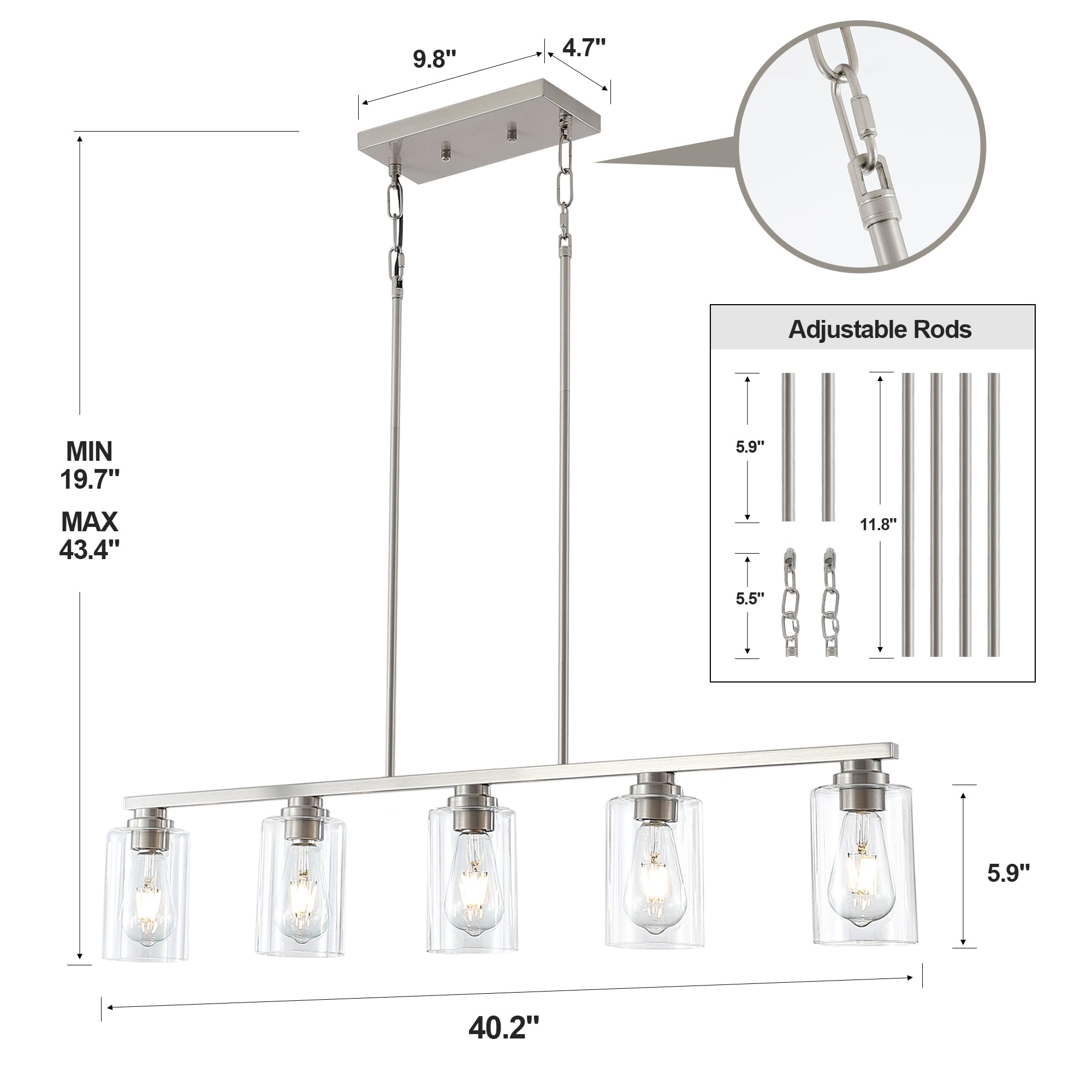 Mecgirn 5-Light Linear Chandelier Pendant Lighting, Brushed Nickel Metal Fixture for Kitchen Island & Dining Room, Model D0017-5