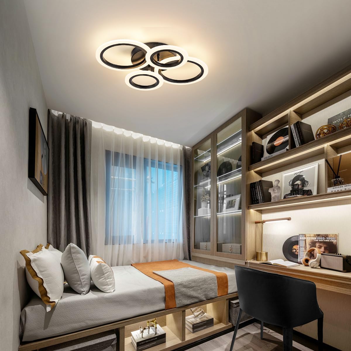 Shine Luest 34W Modern Led Ceiling Light, 3000K-6000K Dimmable Ceiling Lighting Fixtures Ceiling Mount 4 Rings Black Flush Mount