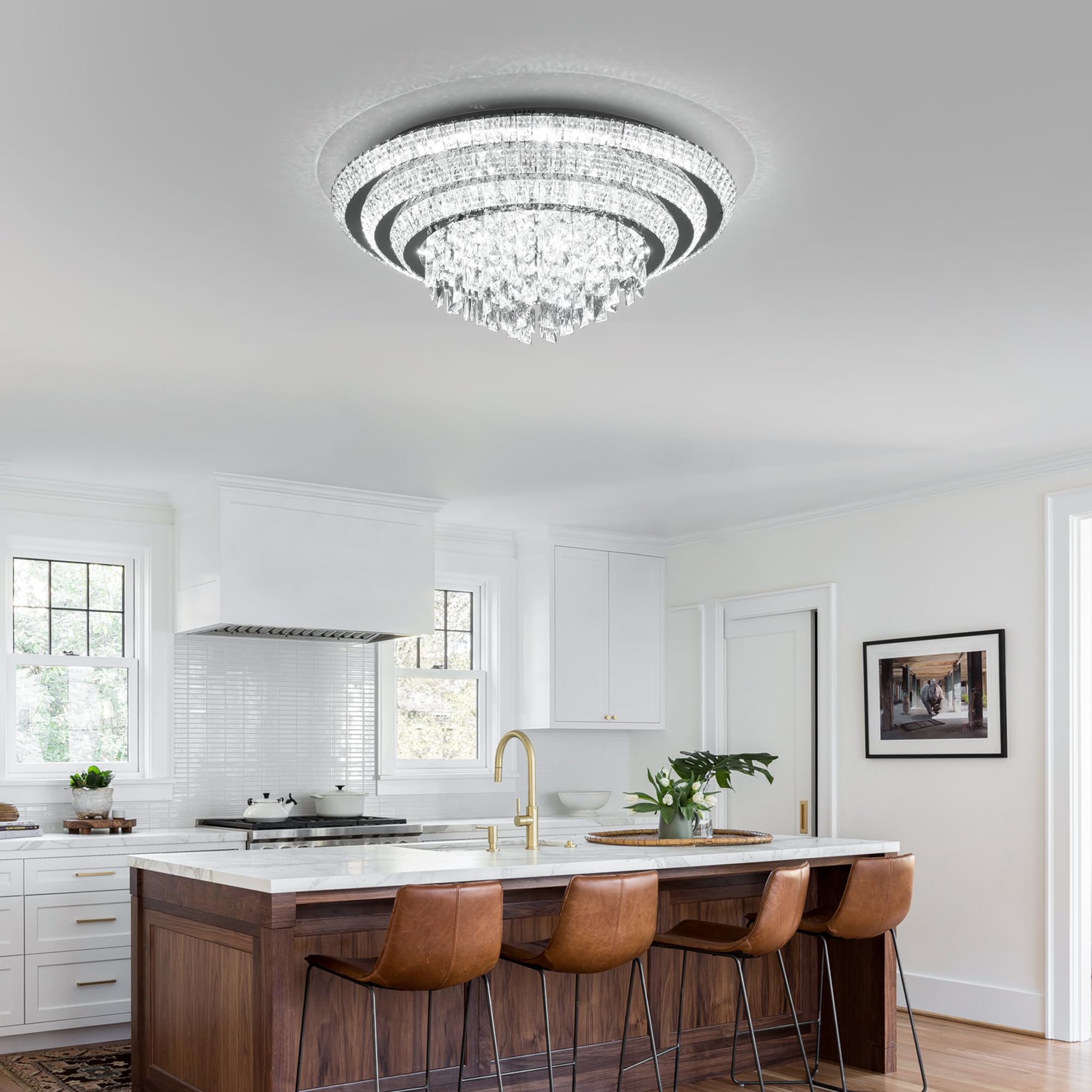 REDSTAR 30" Crystal Silver Flush Mount Ceiling Light, Remote & APP Control, Dimmable, Modern K9 Crystal Chandelier for Bedroom & Living Room