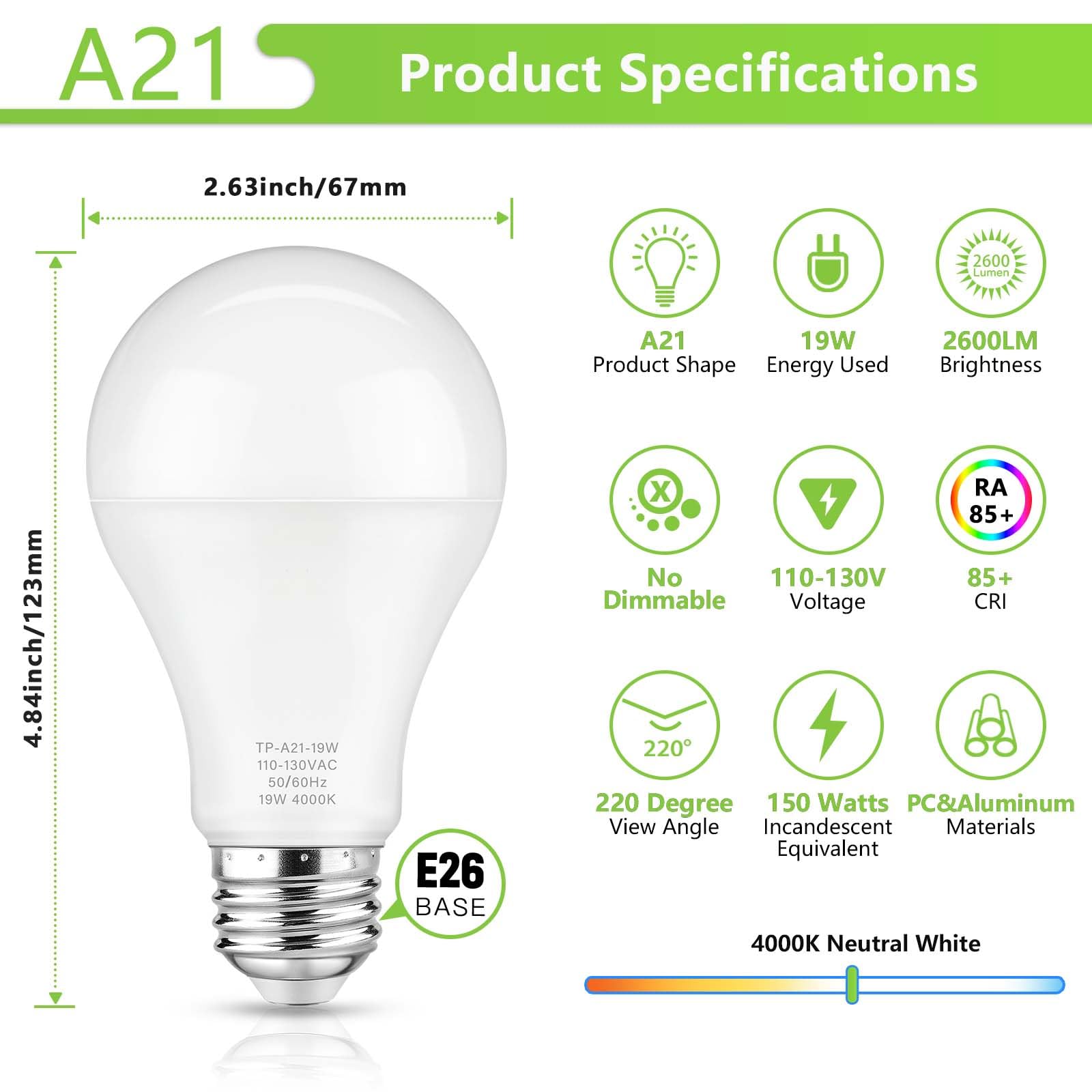 Maylaywood A21 Led Light Bulbs, 150 Watt Equivalent, Neutral White 4000K, 2600Lm, E26 Base, Non-Dimmable, 19W Bright White Led B