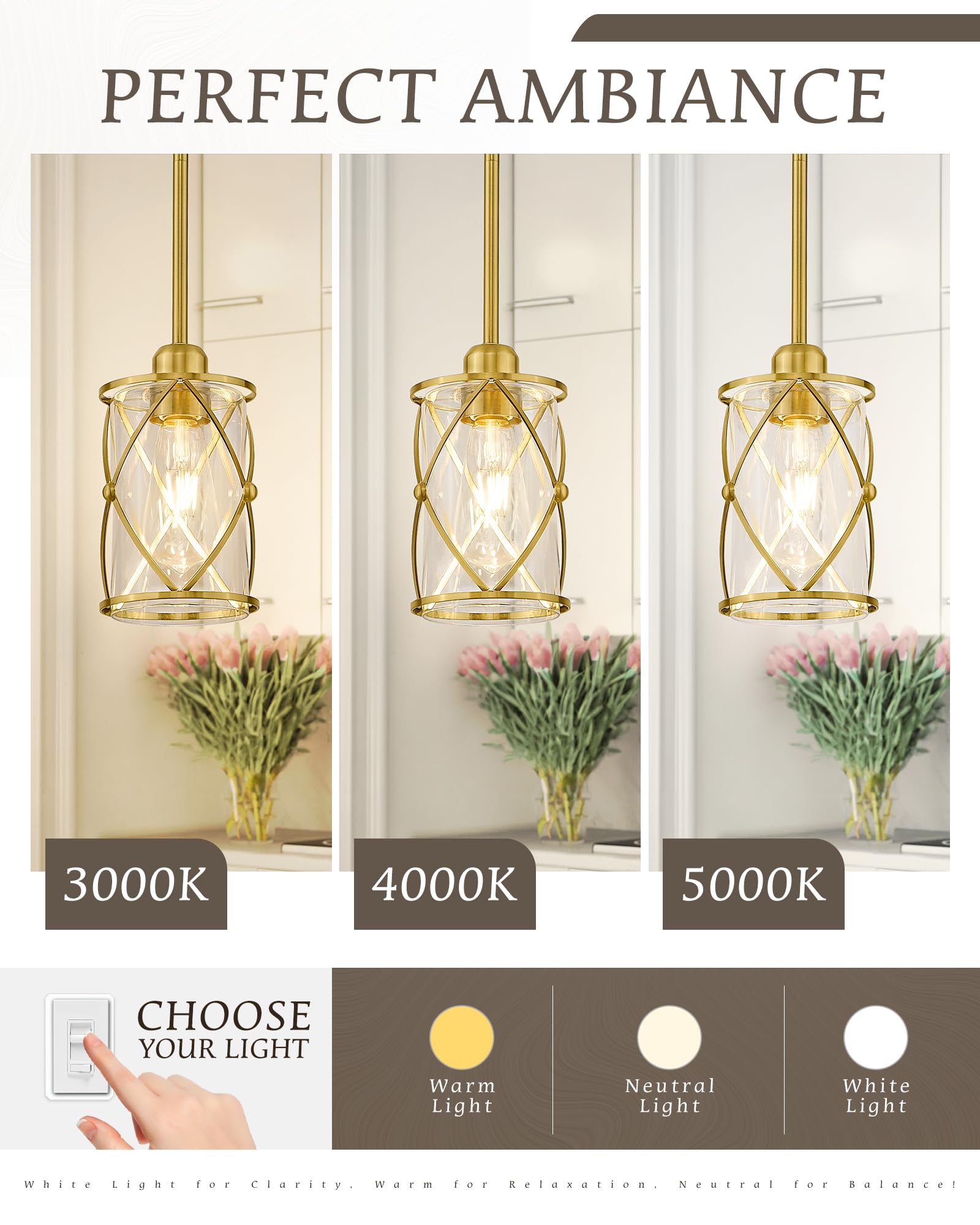 Osimir Brushed Gold Pendant Lights Kitchen Island 3 Pack, Glass Kitchen Pendant Lighting Over Island With Rod, Modern Mini Hangi