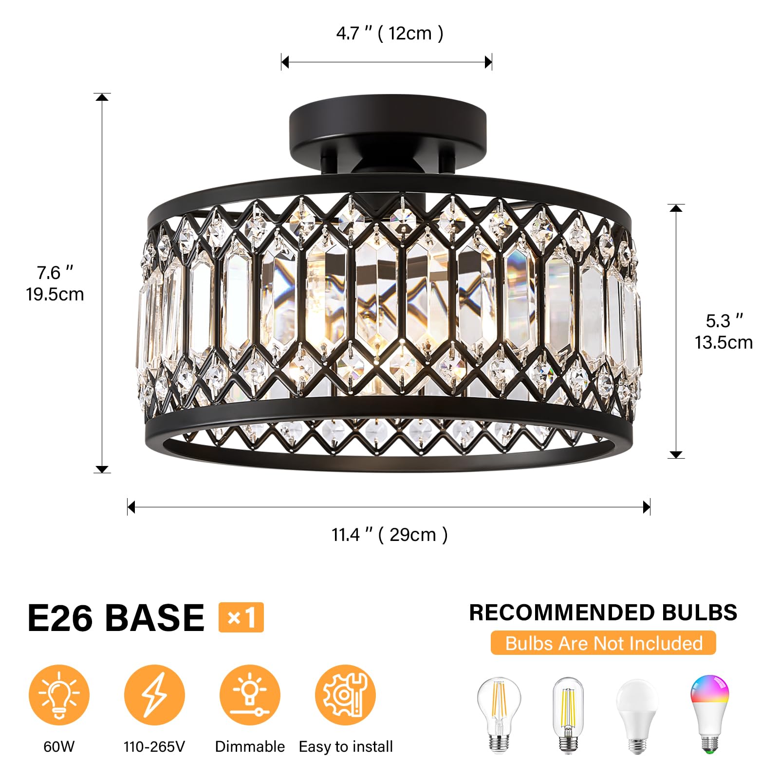 Yurnyq Crystal Ceiling Light Fixture, Modern Semi Flush Mount Ceiling Light, Black Lighting Fixtures Lamp For Hallway, Kitchen,