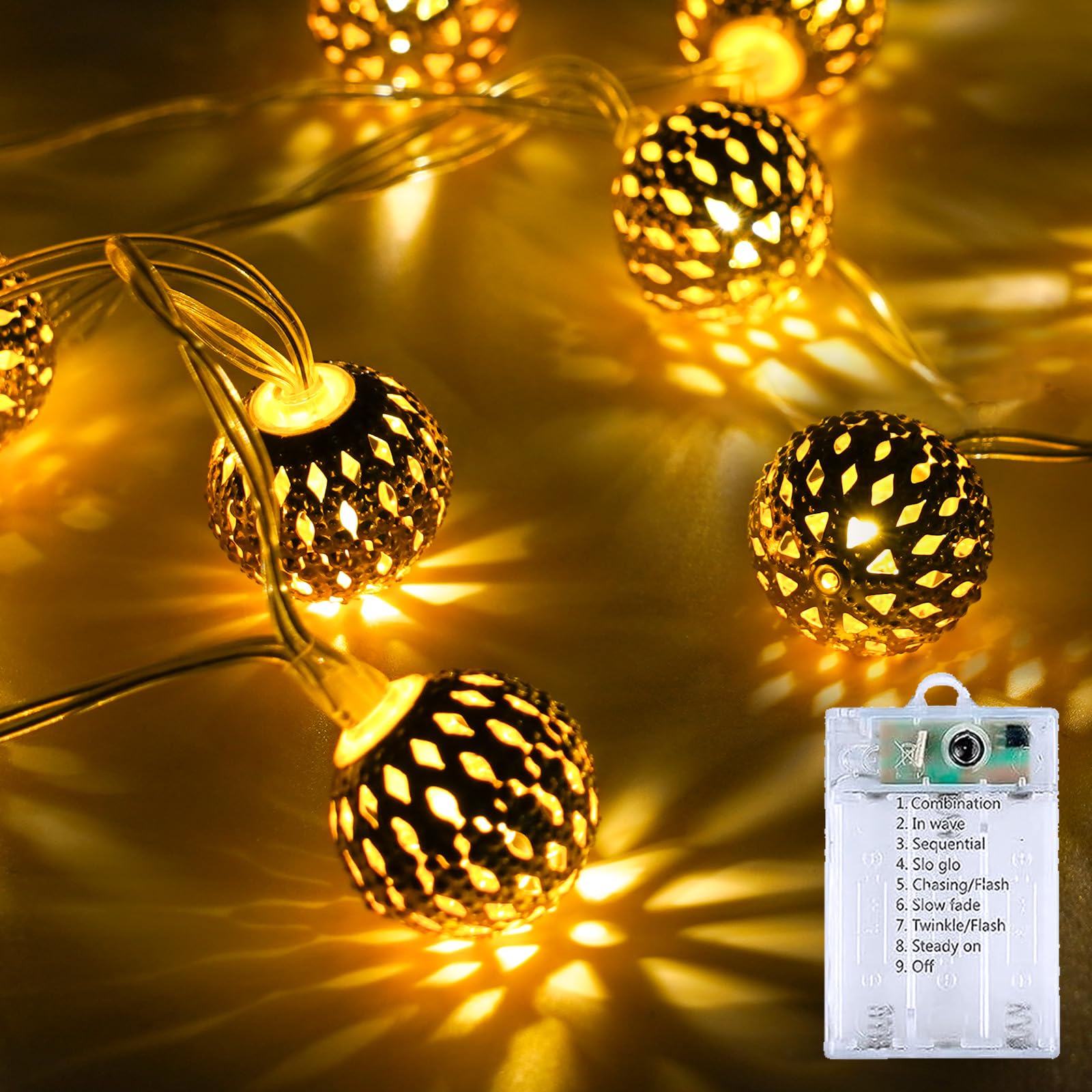LORRYTE Moroccan Globe Fairy Lights, 60 LED 36 FT, Battery Operated, Warm White, Outdoor String Lights for Christmas, Party, Garden Decor