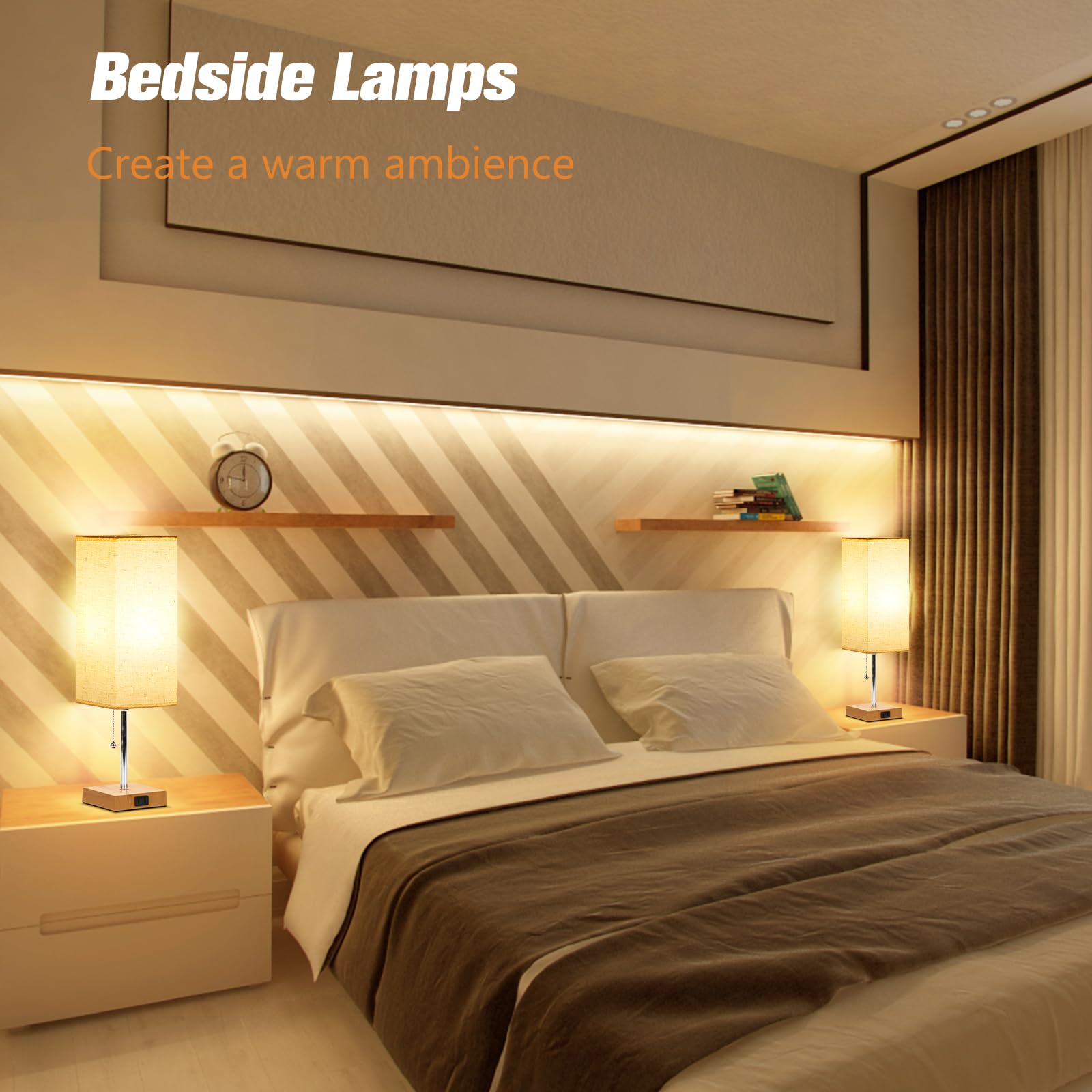PLMMY Table Lamp Set of 2, 18 Inch Flaxen Shade-Wood Base, 3 Color Temperatures, Model RD-PTL6W-022