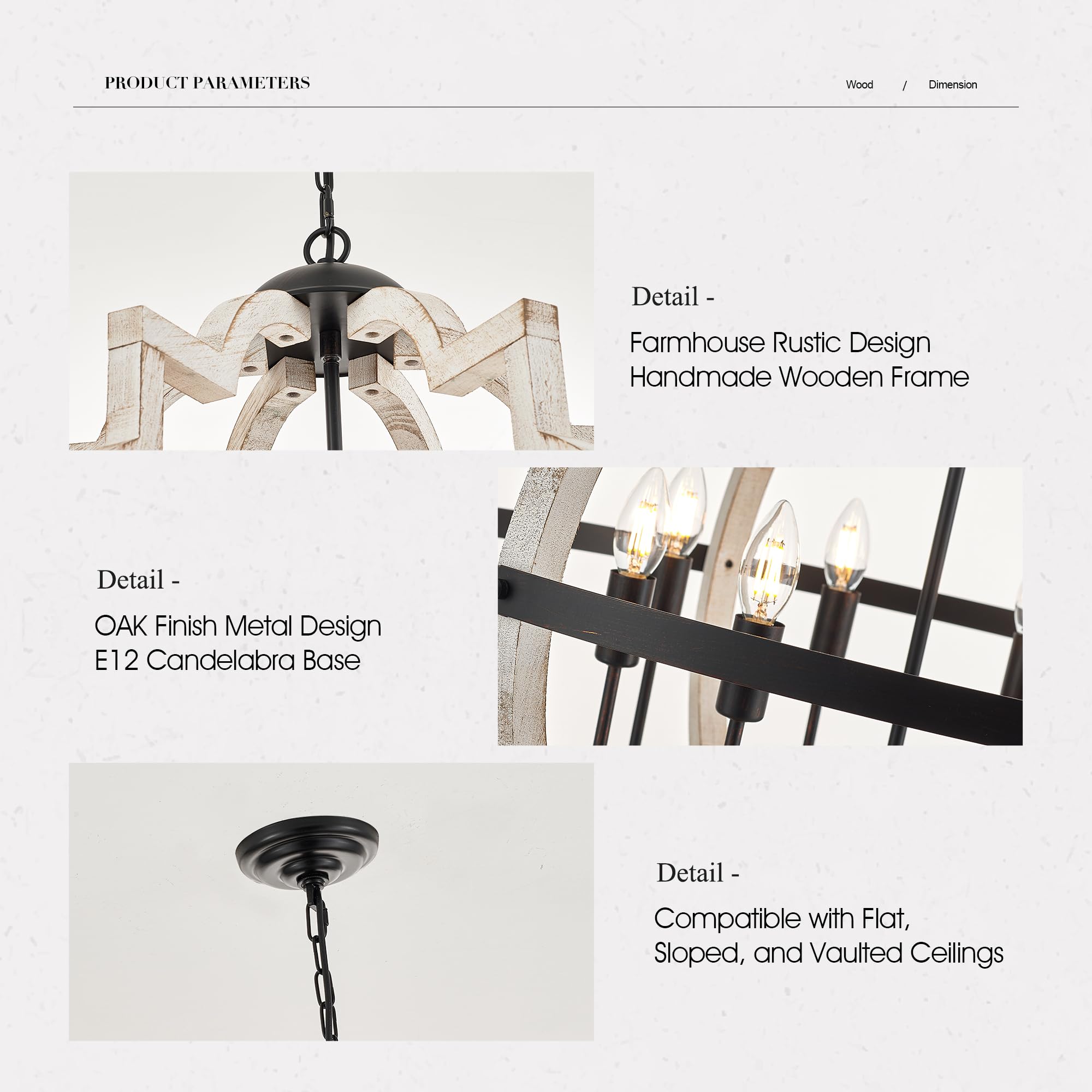 TACDANDM 31.5'' 8-Light Farmhouse Chandelier, Vintage Rustic White Wood Pendant Light for Dining Room, Model DG-021-8