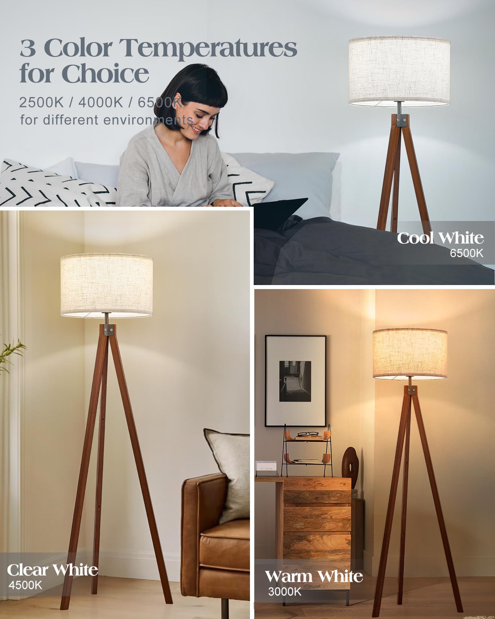 Elyona Solid Wood Tripod Floor Lamp With 3 Color Temperatures Led Bulb, Mid Century Modern Reading Standing Light Nature Linen S