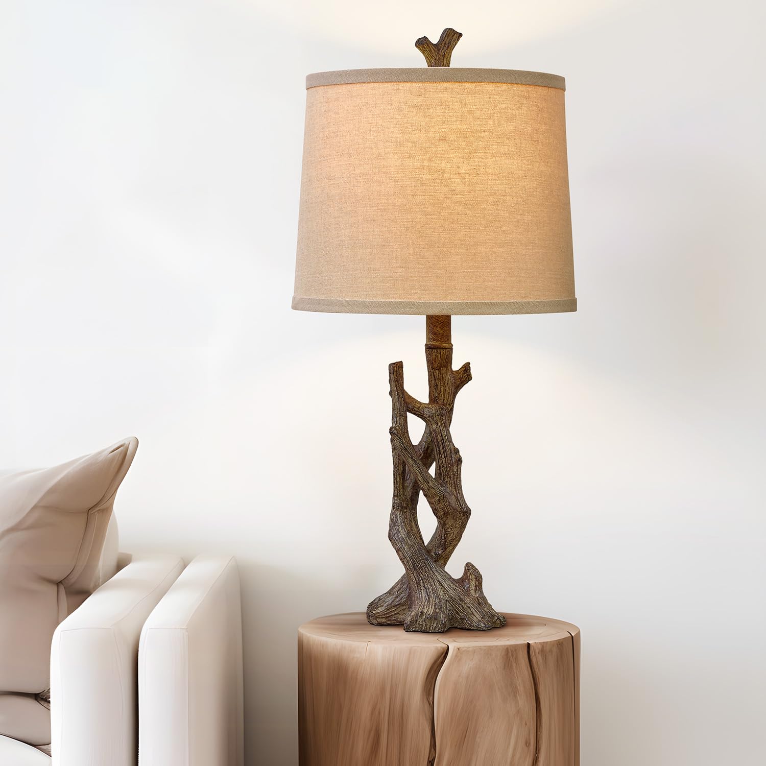 OYEARS Rustic Farmhouse Table Lamp, 23" Tree Trunk Design with Oatmeal Shade, Brown-3, Model AMZ-T1151GR for Bedroom & Living Room