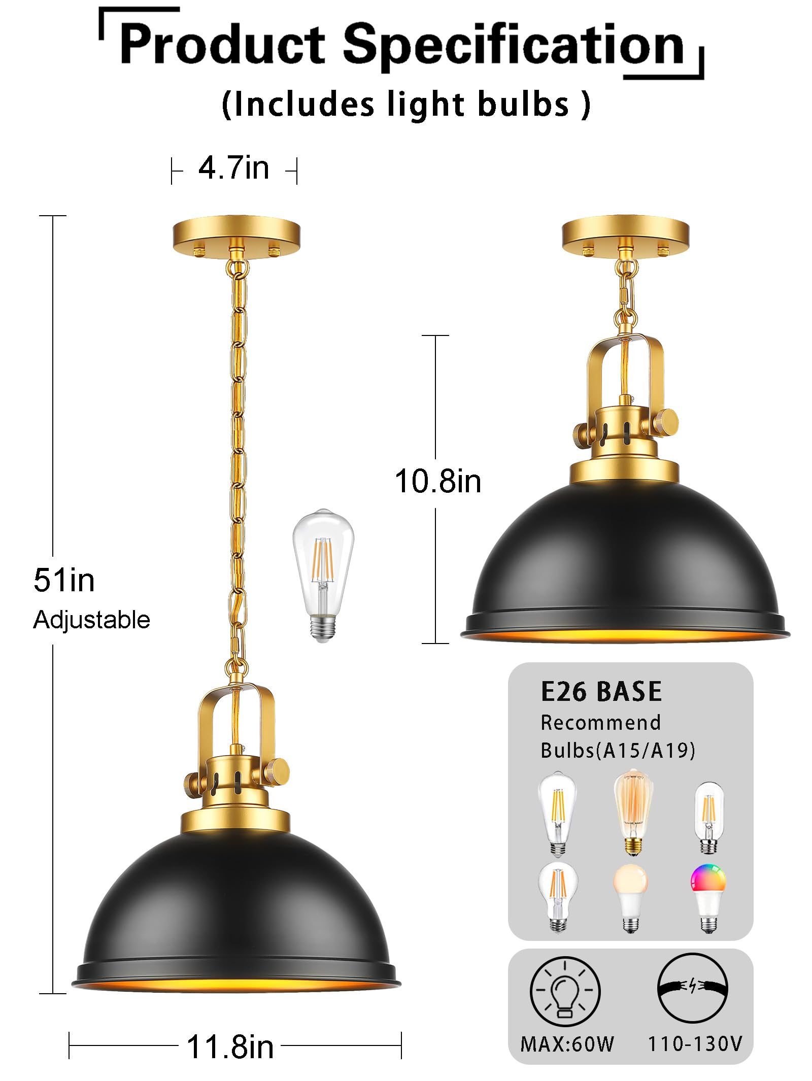 Mgcanyu Farmhouse Black And Gold Pendant Lights Kitchen Island  Matte Black Dome Pendant Lighting Gold Vintage Metal Hanging Ceiling Light Fixture For Living Dining Room Restaurant Entrance Sink
