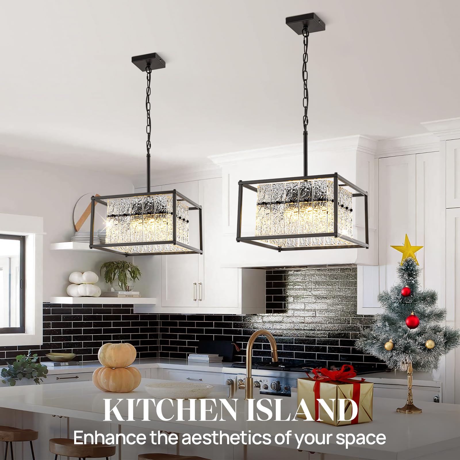 Jsdorsy Modern Black Crystal Pendant Light For Kitchen Island, 4-Light Water Ripple Glass Chandelier, Adjustable Height Dimmable