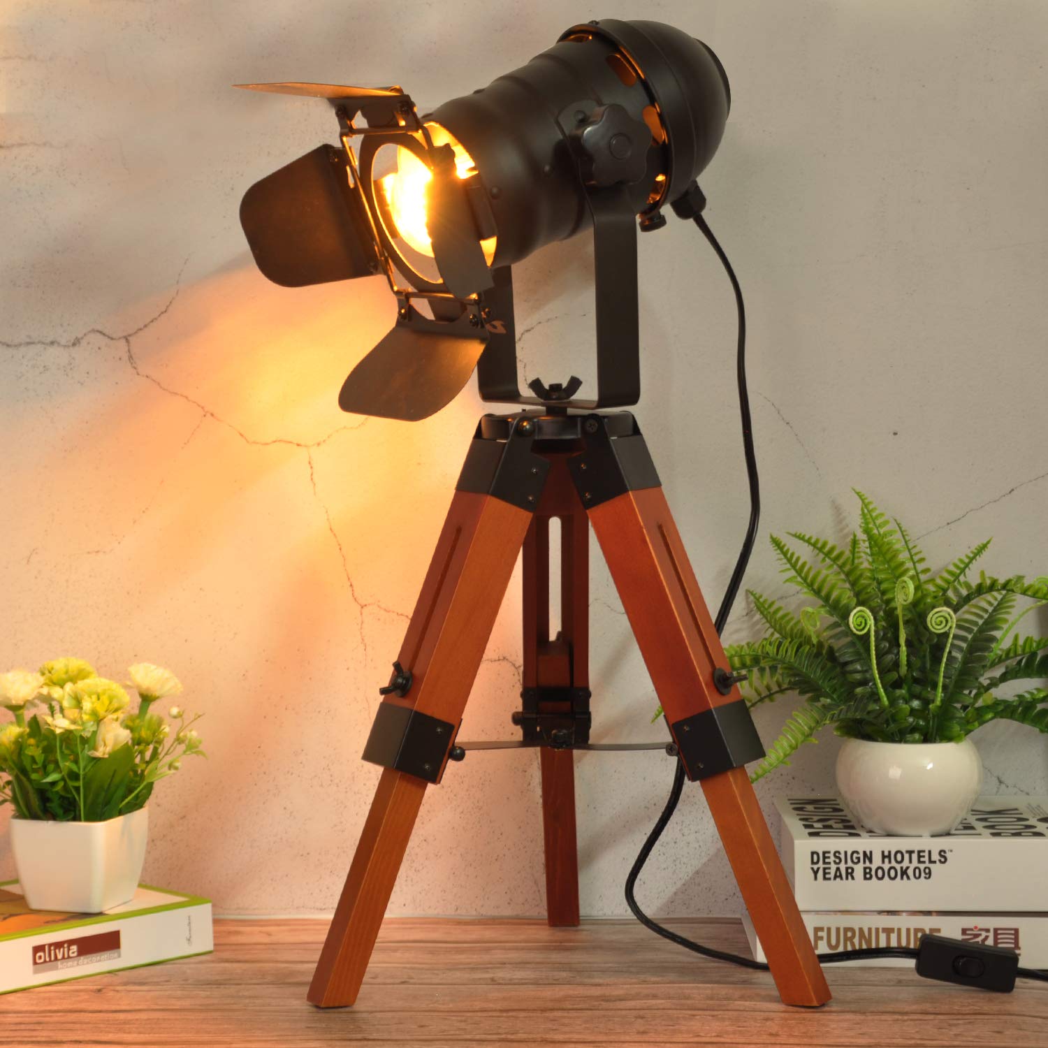 Lustorm 1 Industrial Tripod Wood Table Lamp For Bedside, Farmhouse Adjustable Height Retro Desk Lamp For Living Room Rotataion V